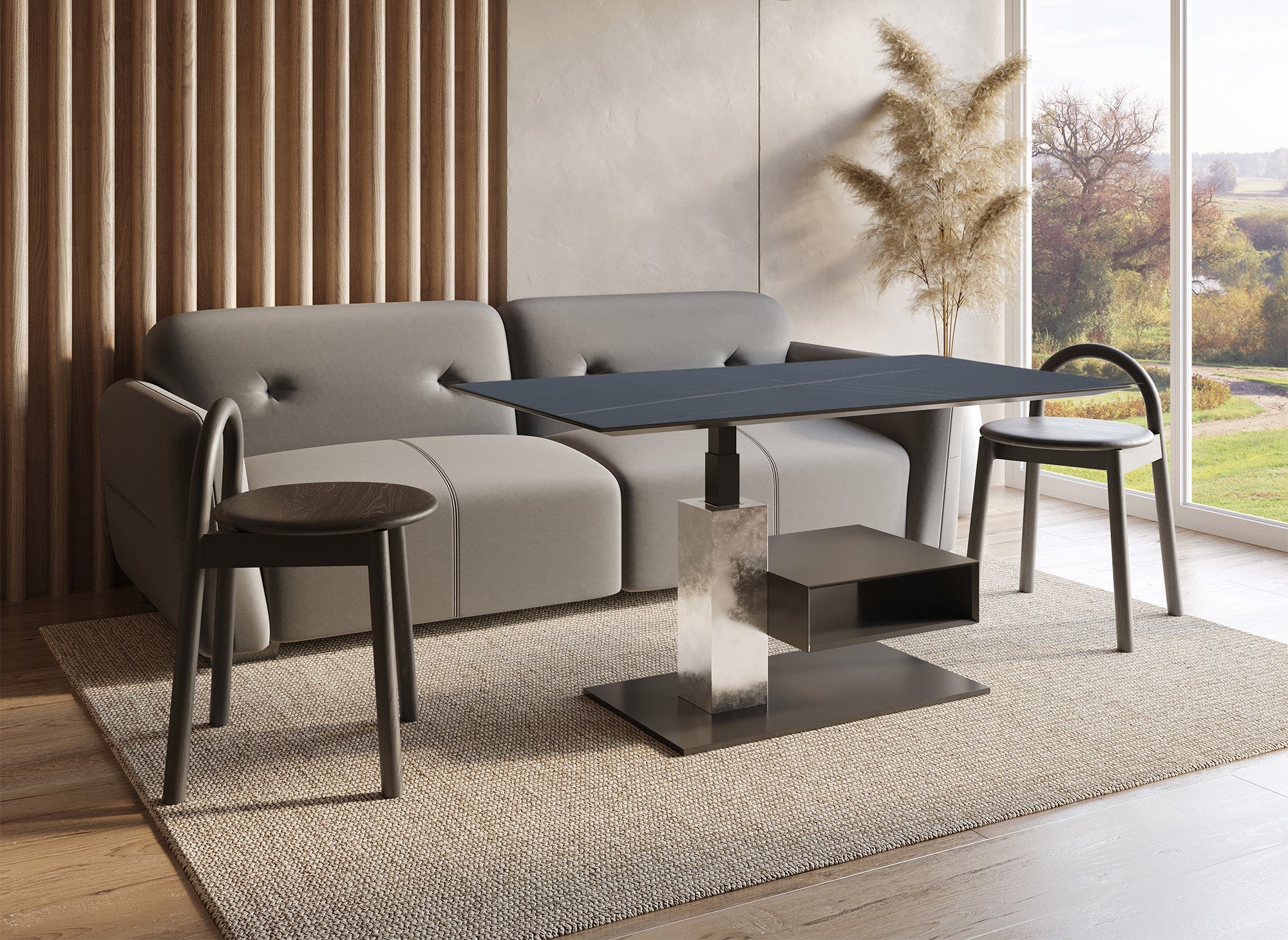 Mesa de centro elevable ADELIE con espacio de almacenamiento en cerámica negra