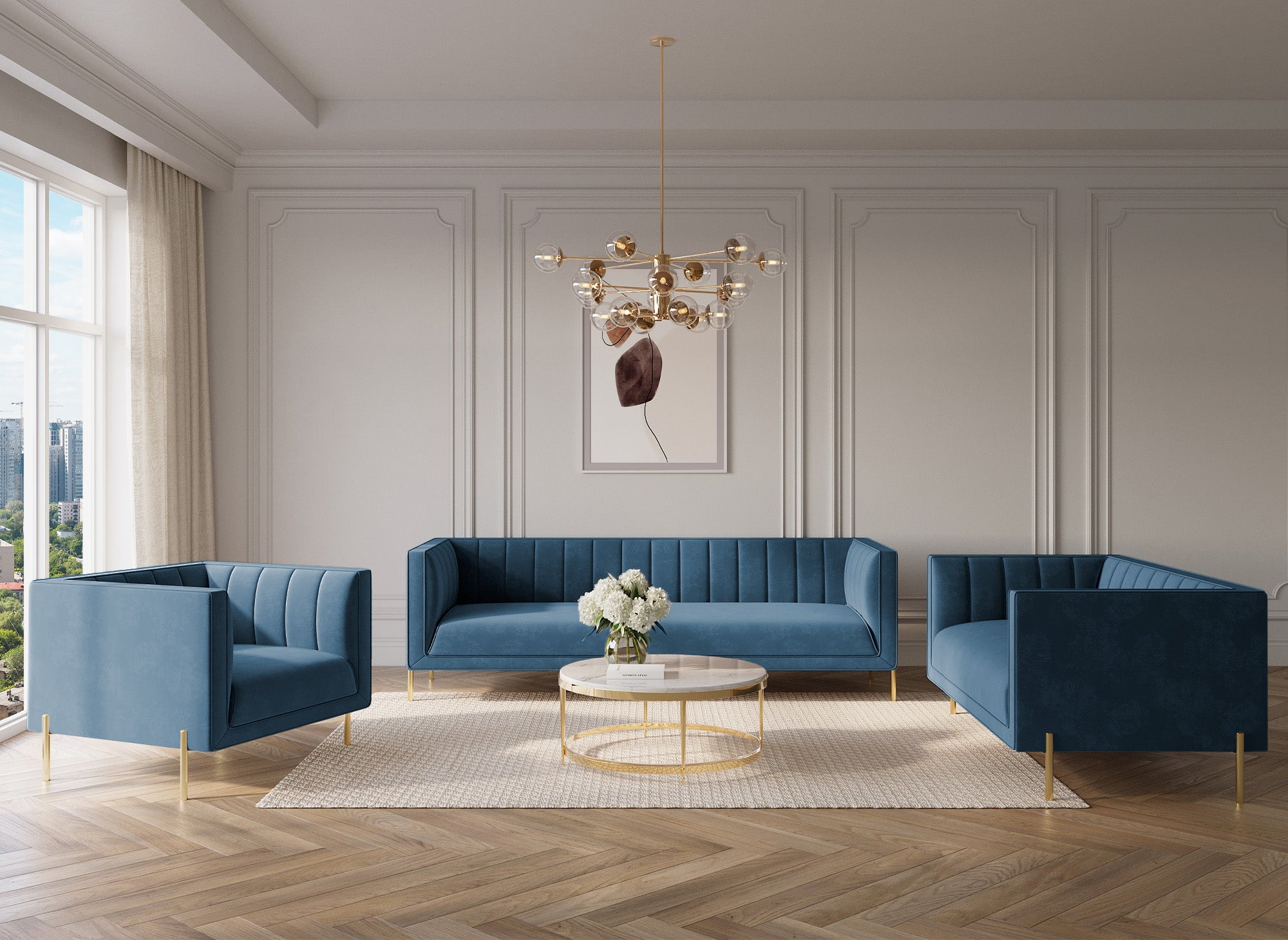 Sillón moderno ROBY en terciopelo azul con patas doradas