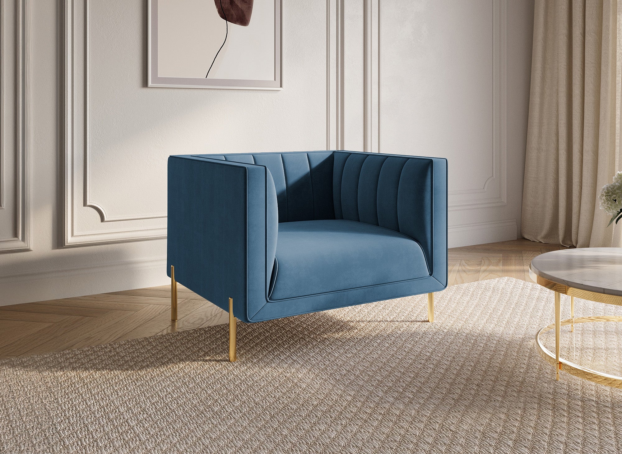 Sillón moderno ROBY en terciopelo azul con patas doradas