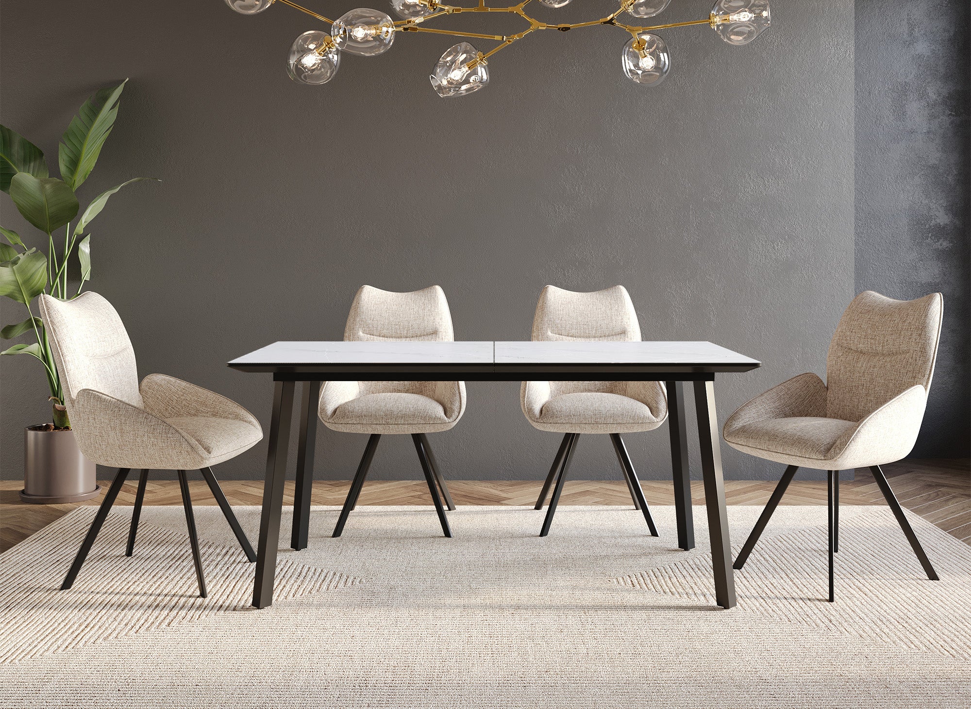 Mesa de comedor rectangular extensible ELEA con patas de metal blanco