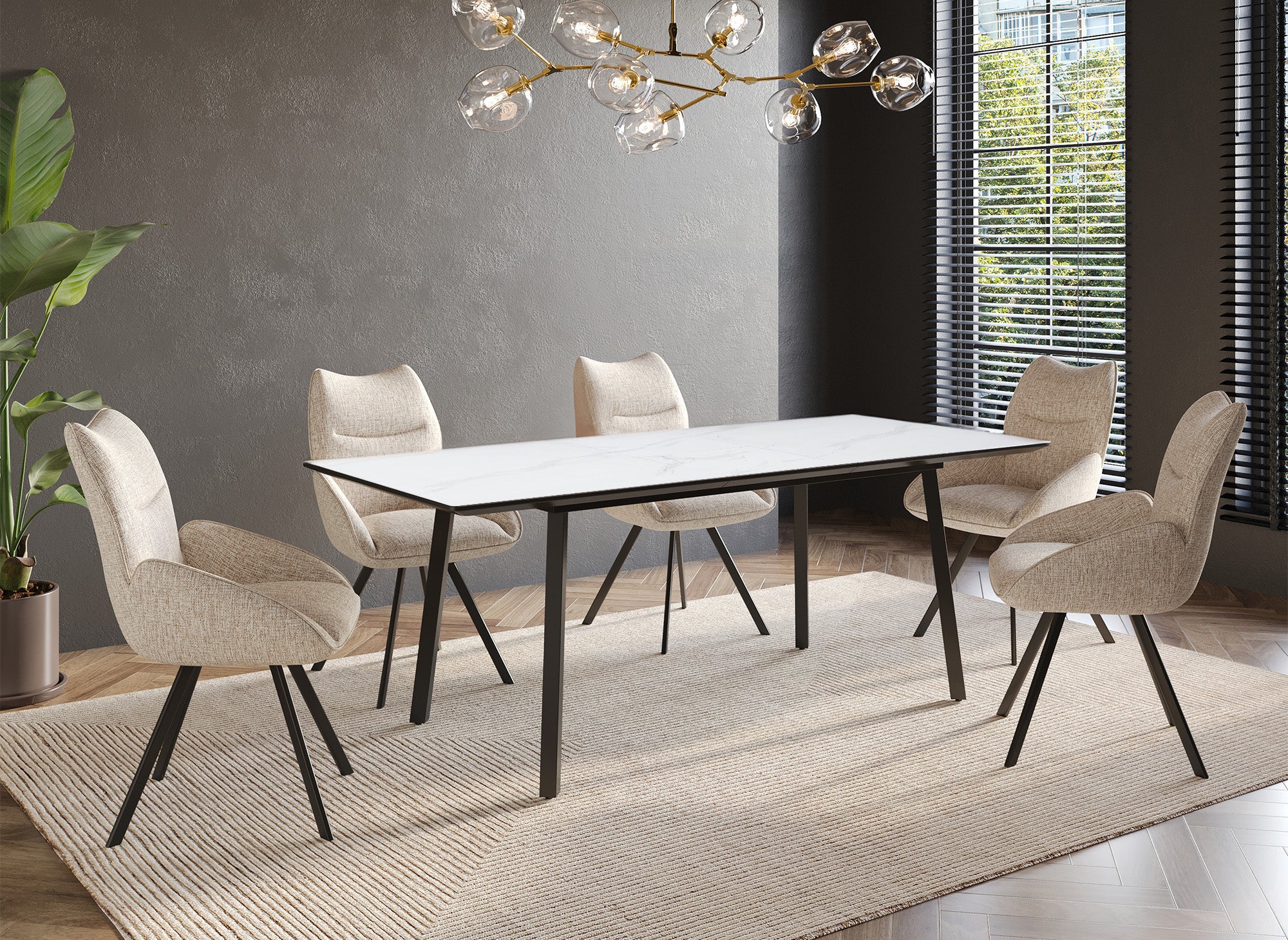 Mesa de comedor rectangular extensible ELEA con patas de metal blanco