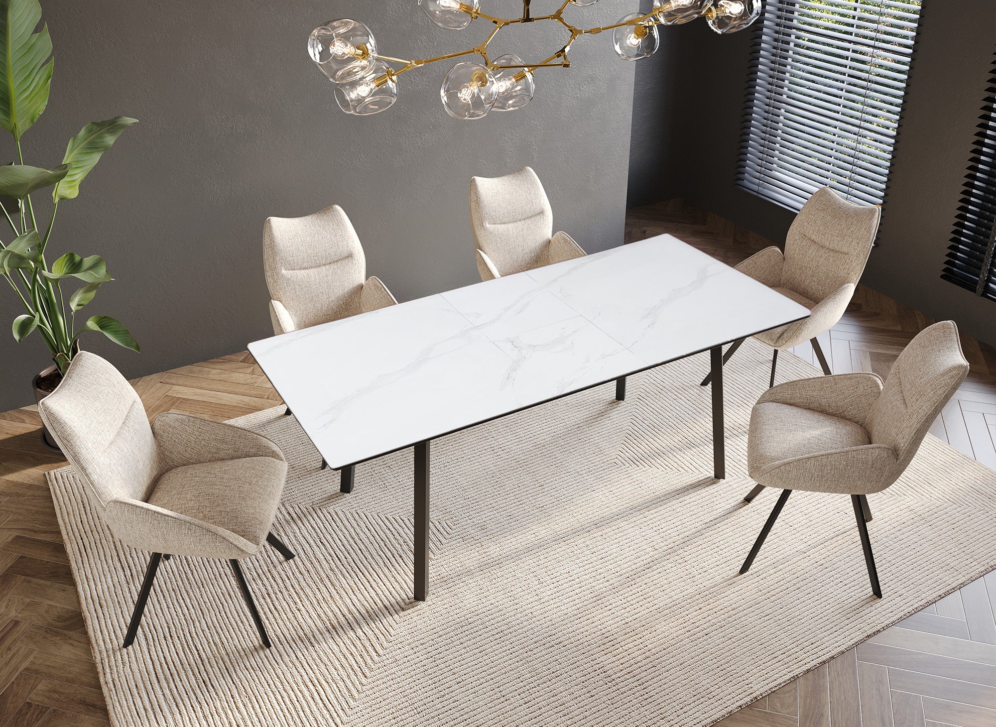 Mesa de comedor rectangular extensible ELEA con patas de metal blanco