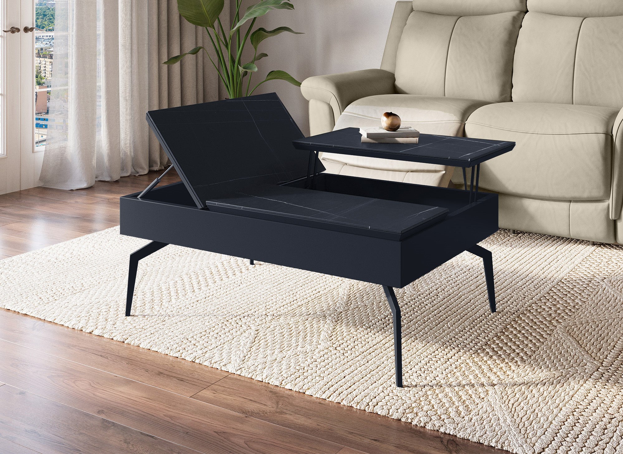 Mesa de centro de diseño SILVANA con tapa elevable en cerámica negra