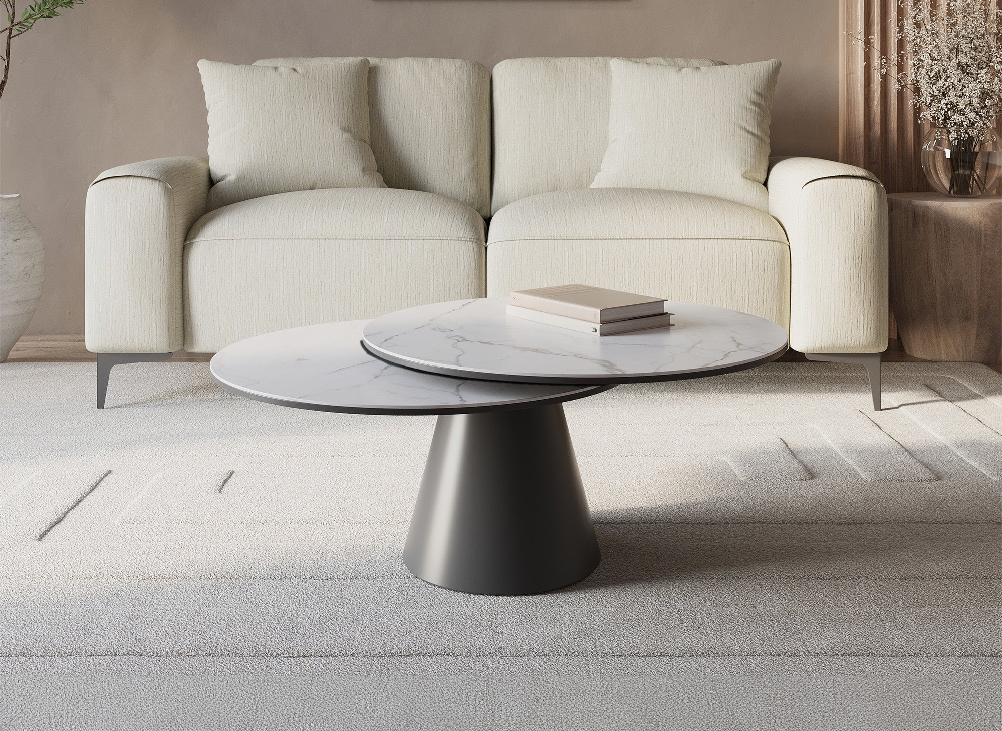 Mesa de centro redonda SELENIIA con tablero giratorio en vidrio templado y cerámica blanca efecto mármol.