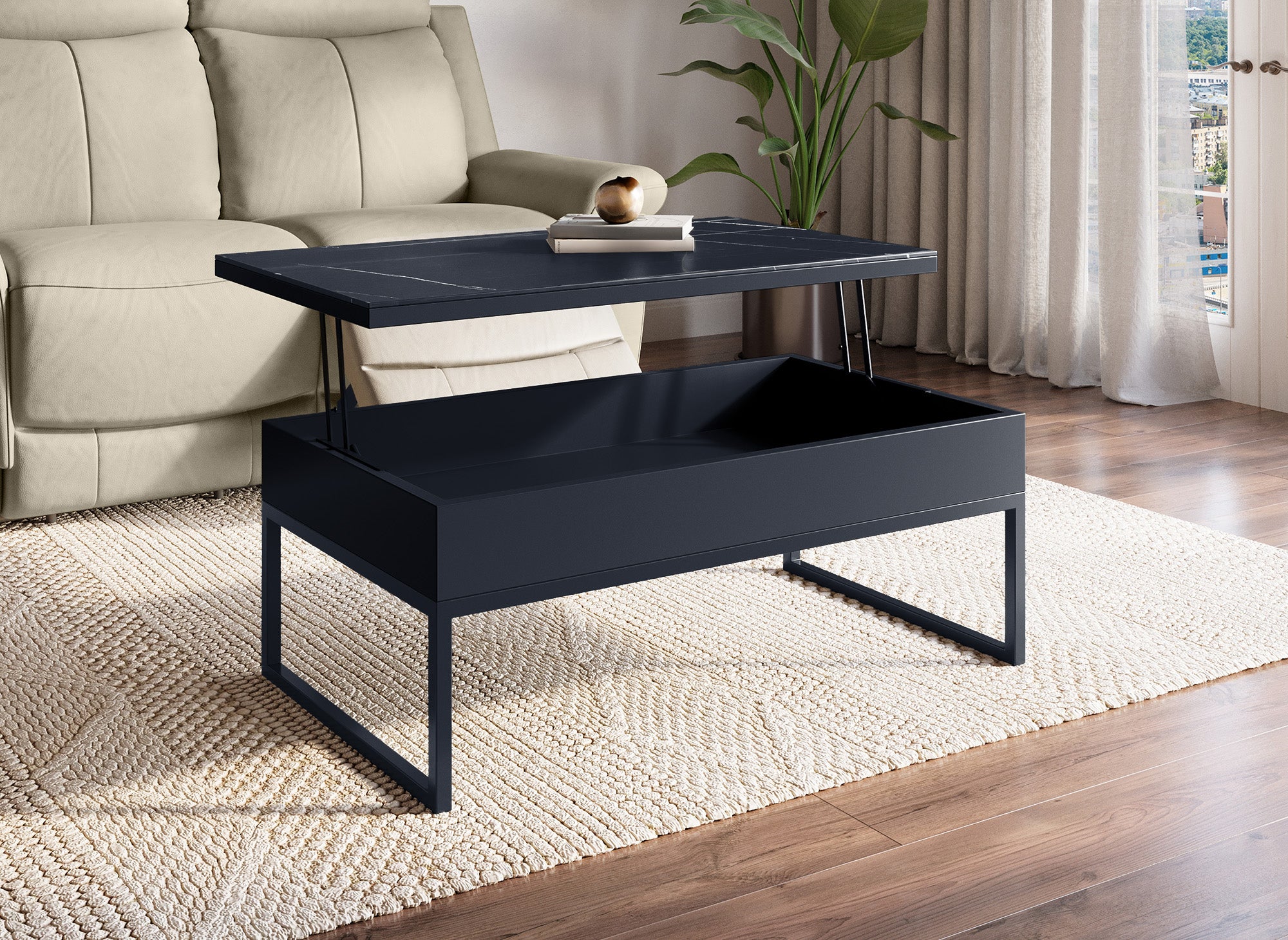 Mesa de centro de diseño MARIE con tapa elevable en cerámica negra