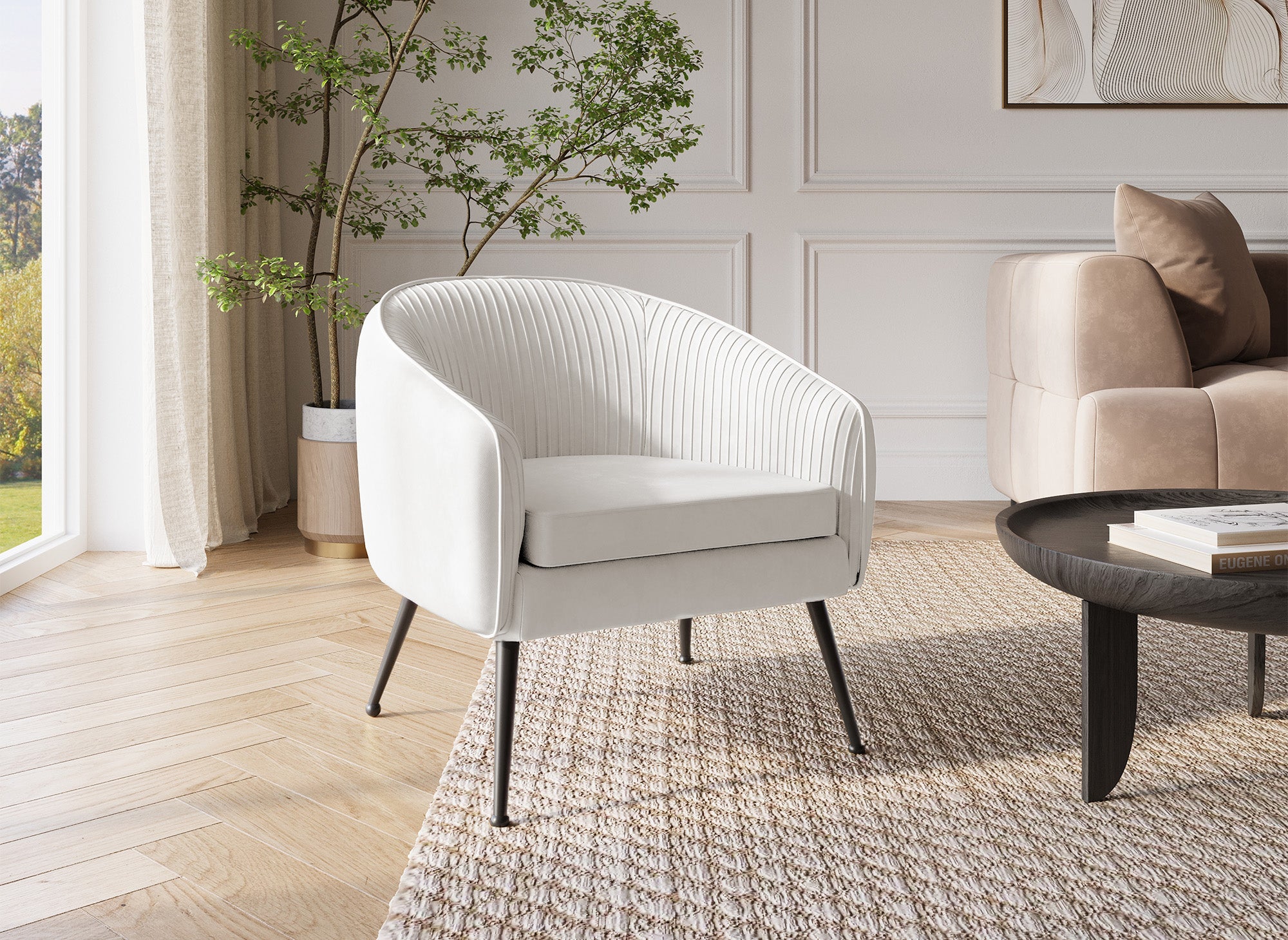 Sillón convertible TRECY en terciopelo beige con patas negras