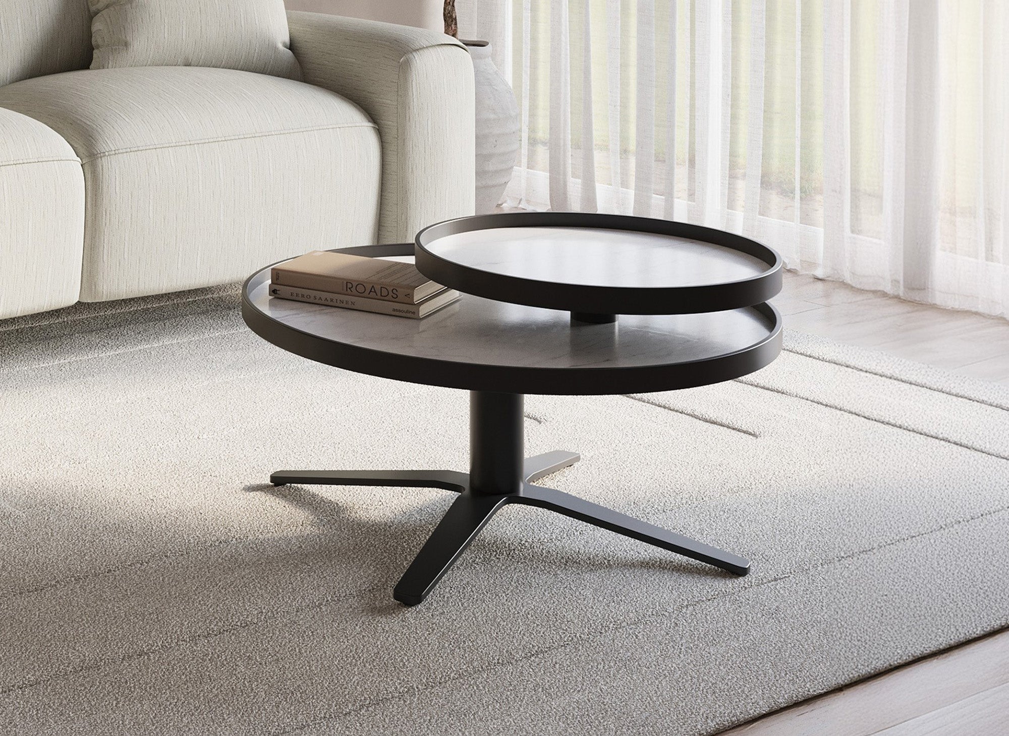 Mesa de centro redonda CLOELIE con tablero giratorio de cerámica blanca