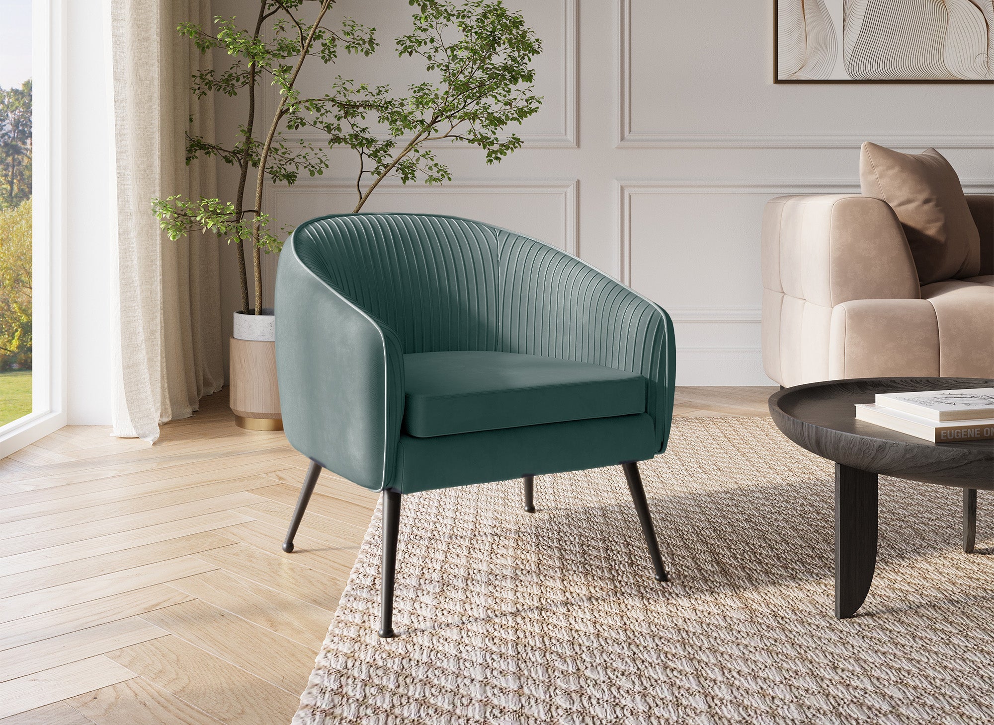 Sillón convertible Trecy en terciopelo verde claro con patas negras