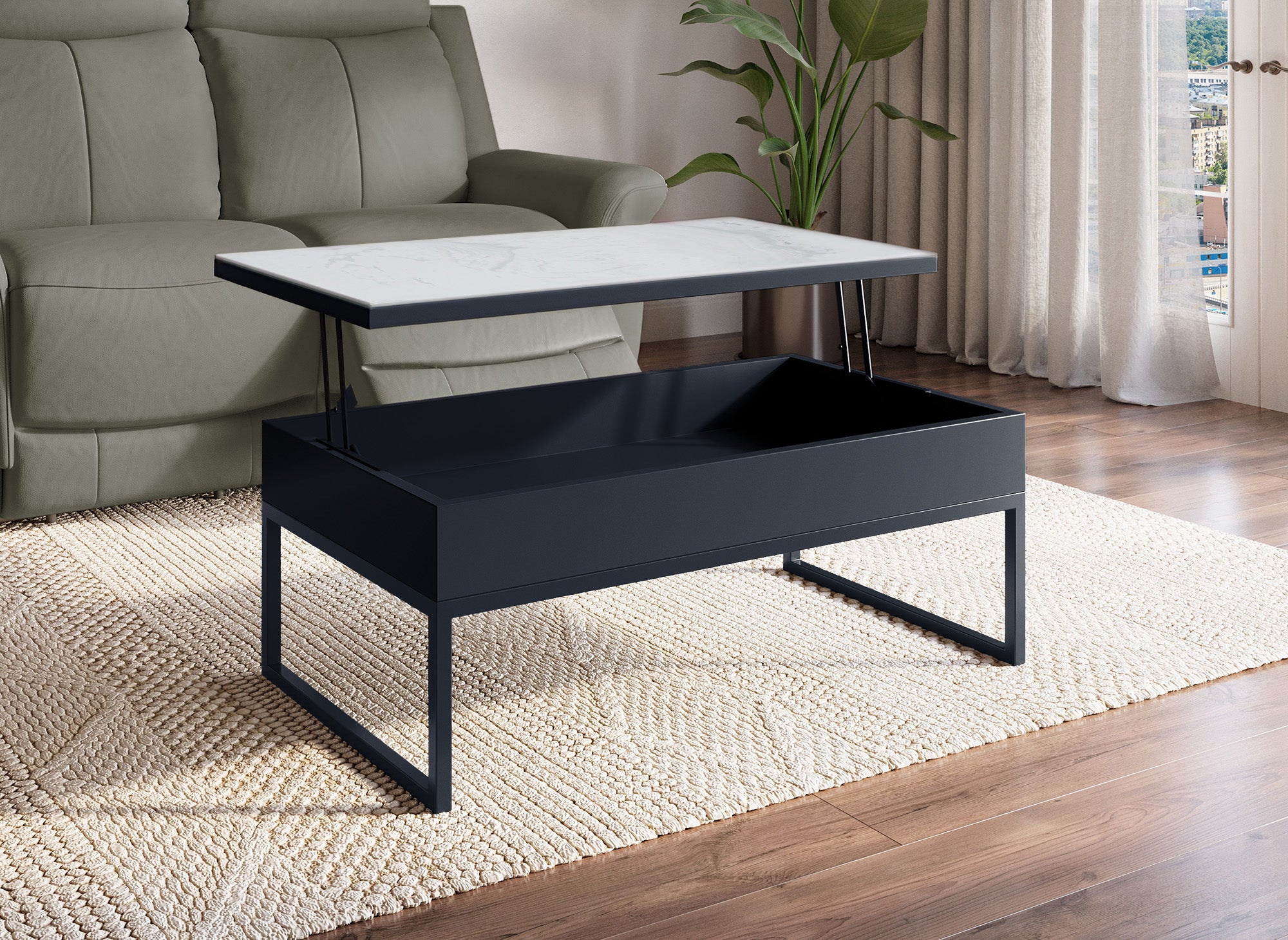 Mesa de centro de diseño MARIE con tapa elevable en cerámica blanca