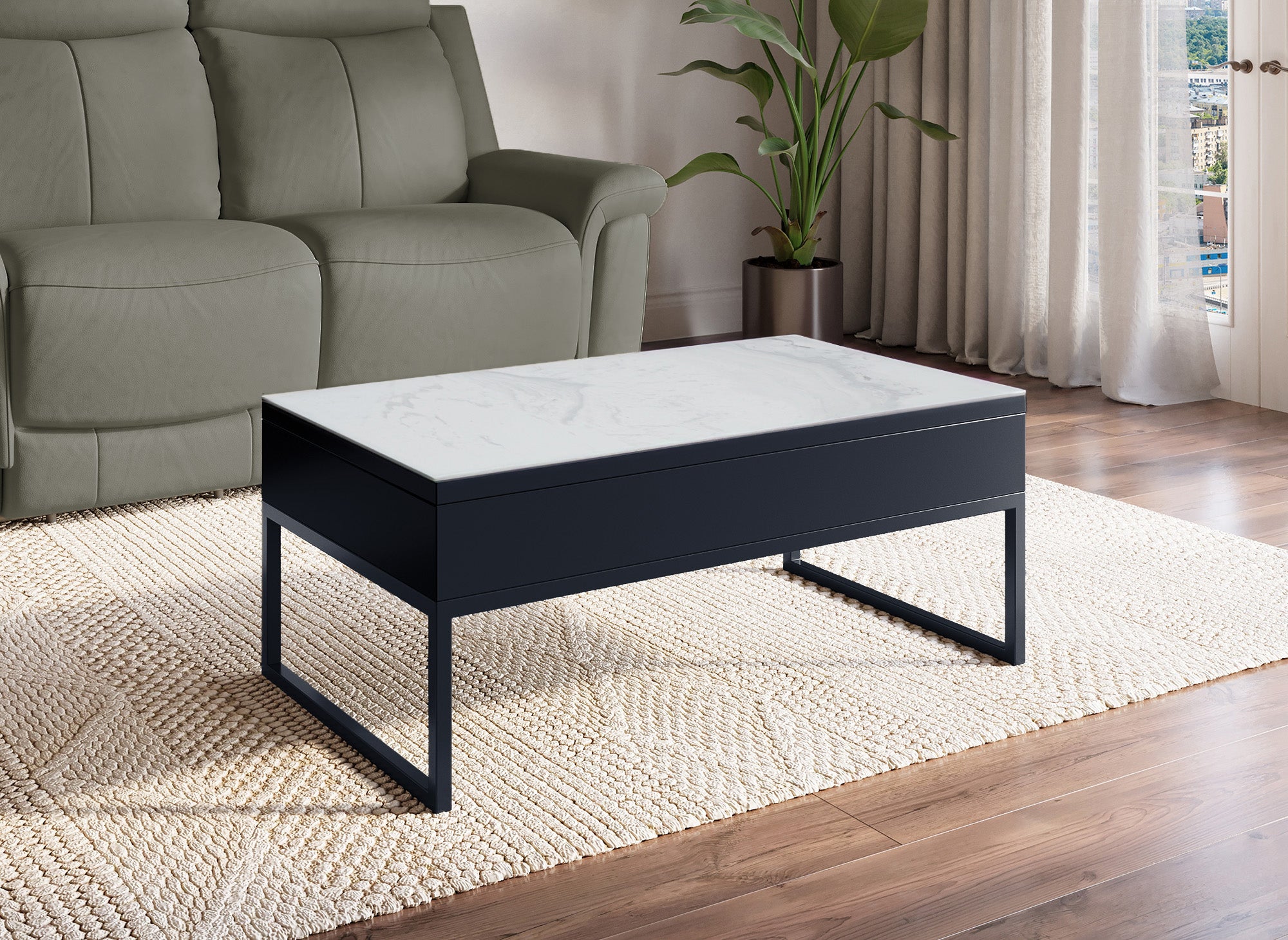 Mesa de centro de diseño MARIE con tapa elevable en cerámica blanca