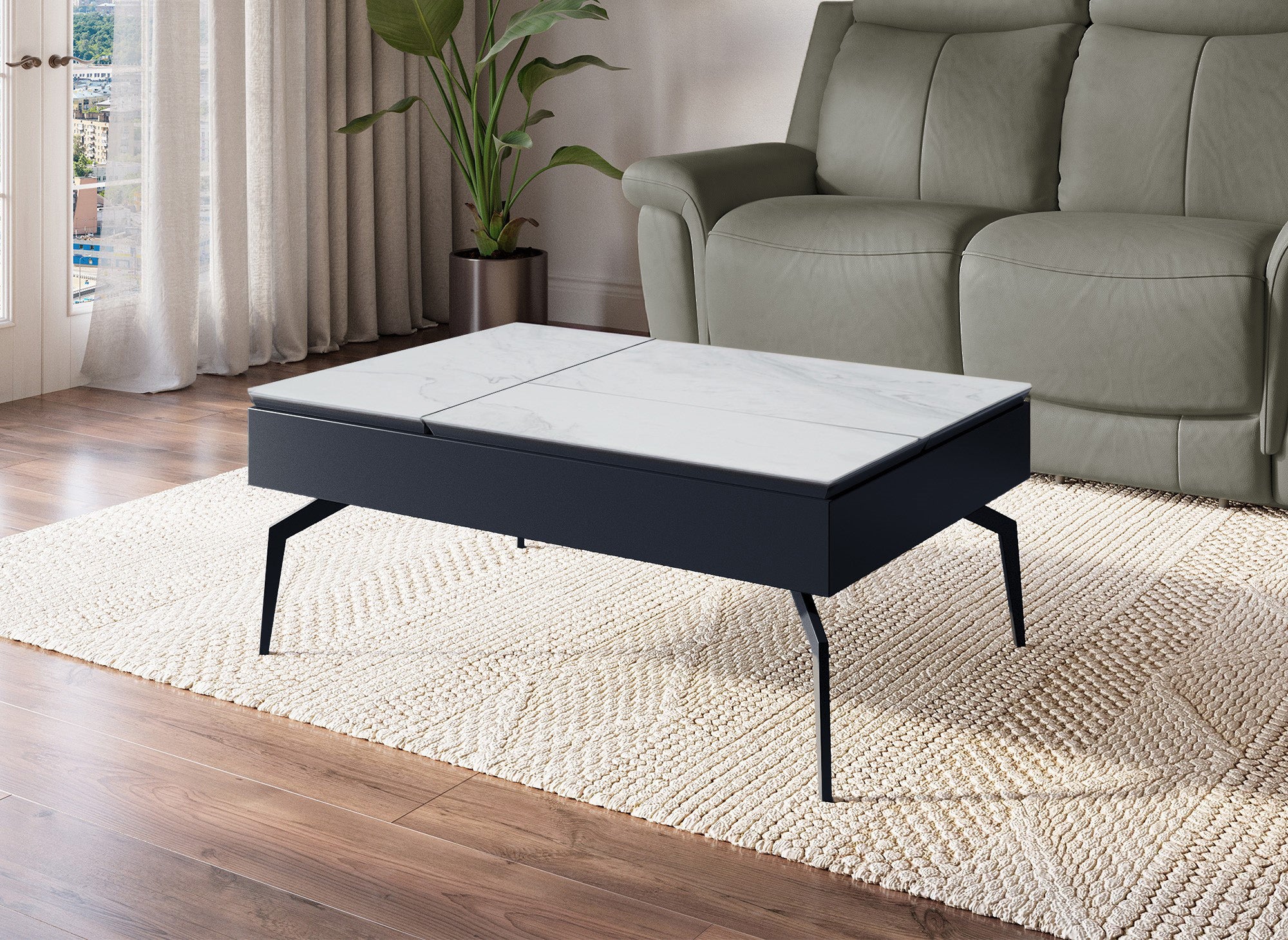 Mesa de centro de diseño SILVANA con tapa elevable en cerámica blanca