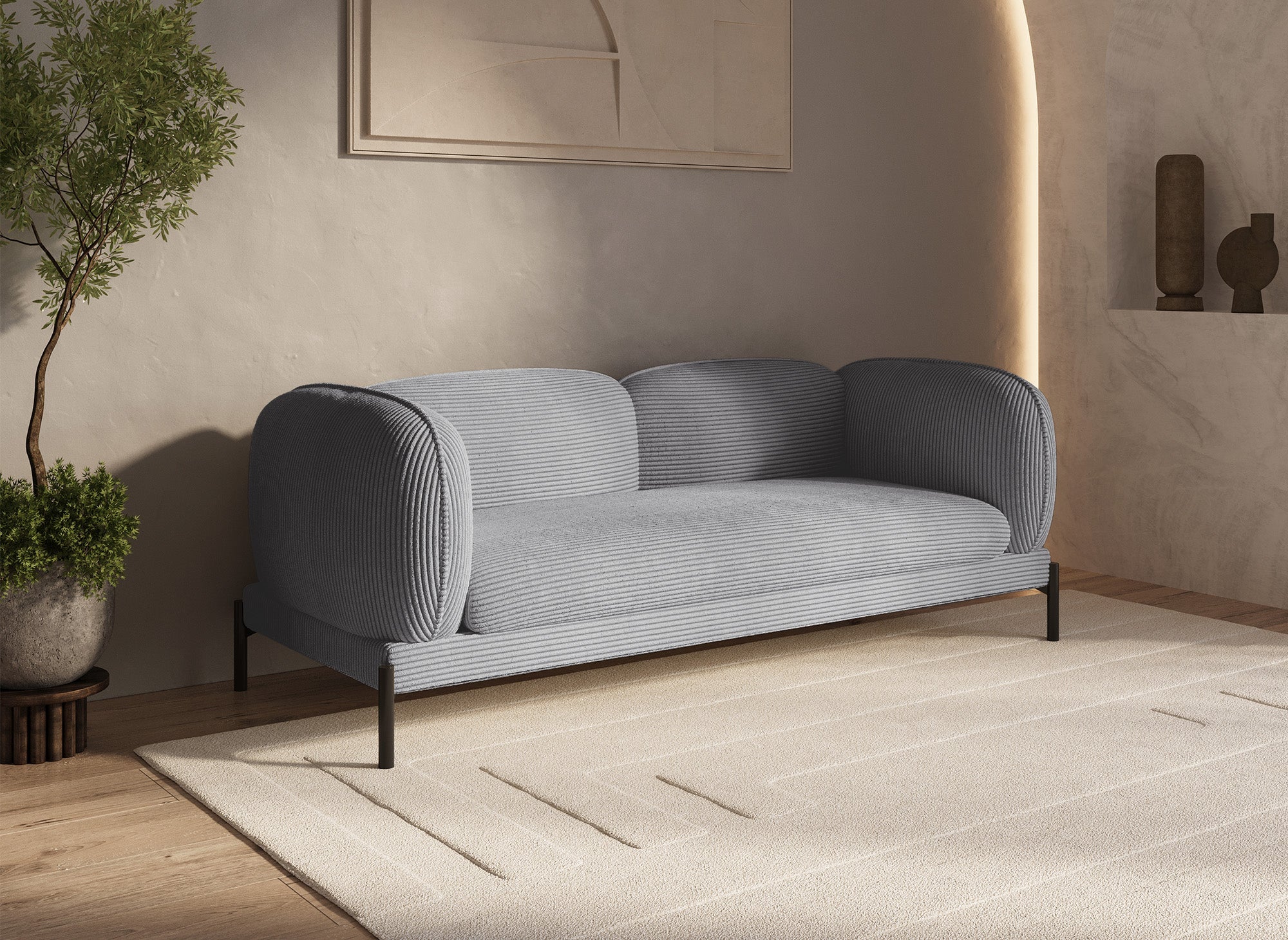 Sofá ANDREA de 3 plazas en terciopelo gris de rayas anchas