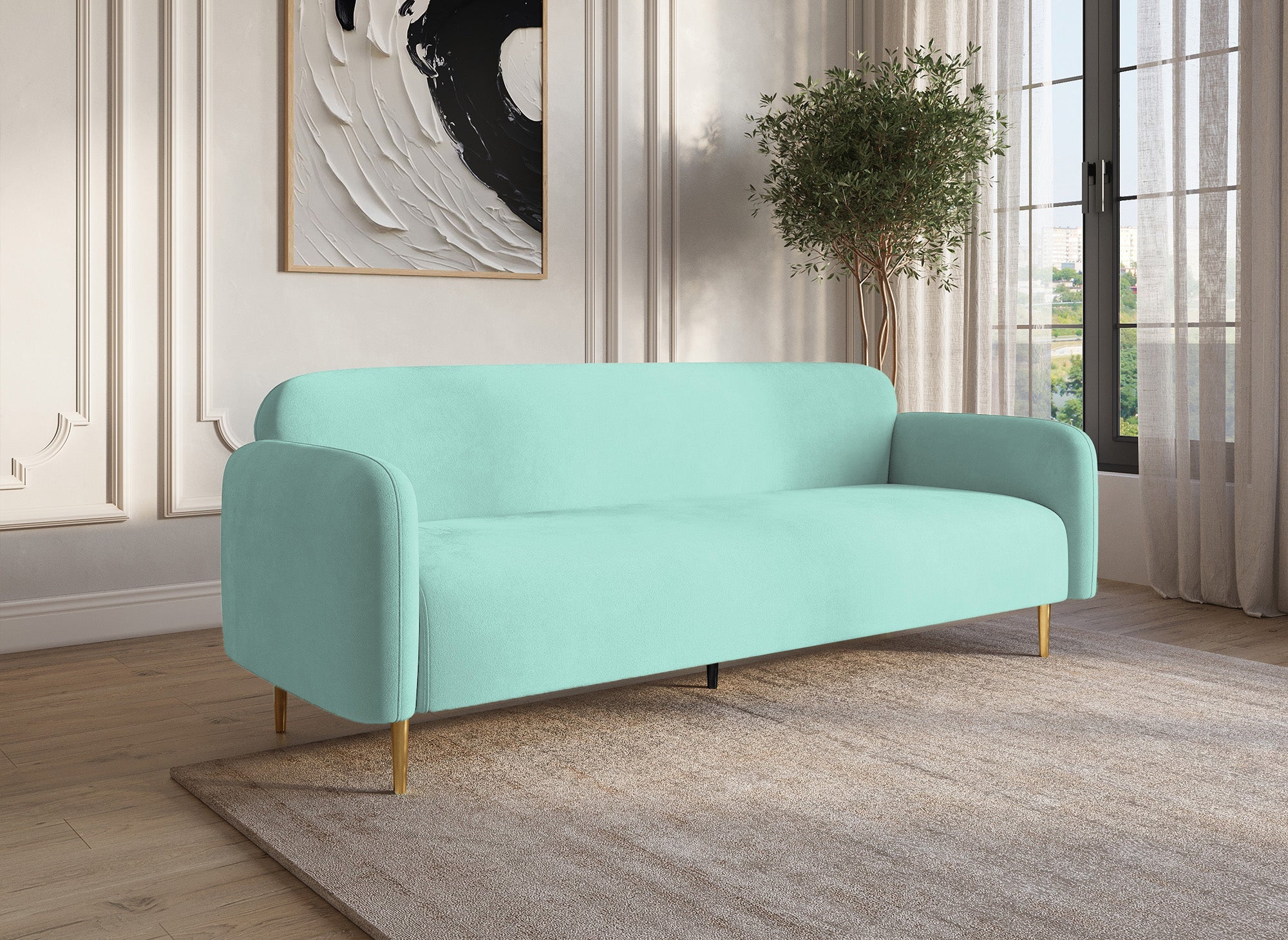 Sofá de 3 plazas MARILYNE en terciopelo verde aguamarina