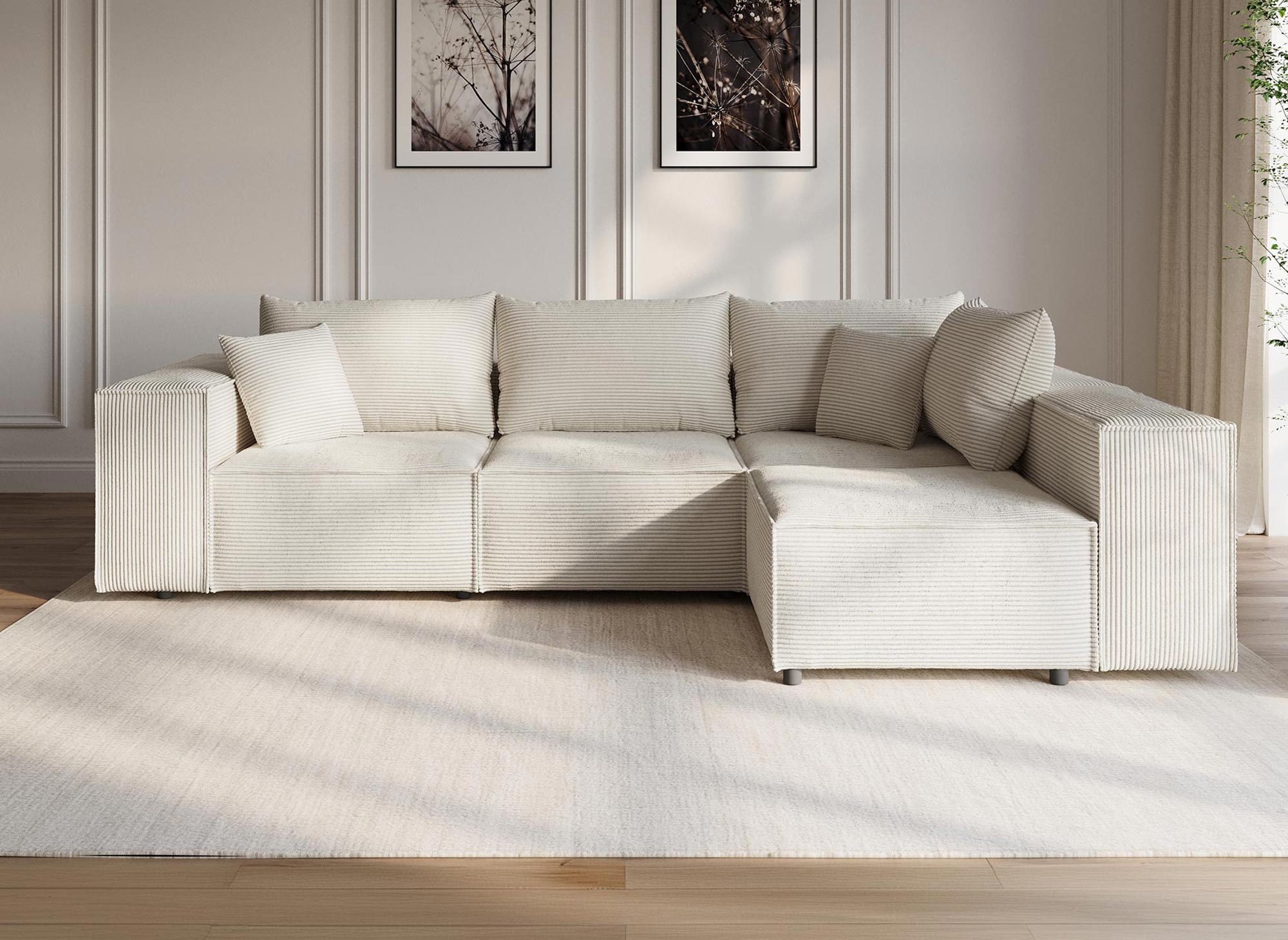 Sofá esquinero modular Harlem XL con 1 otomana en pana gruesa color beige