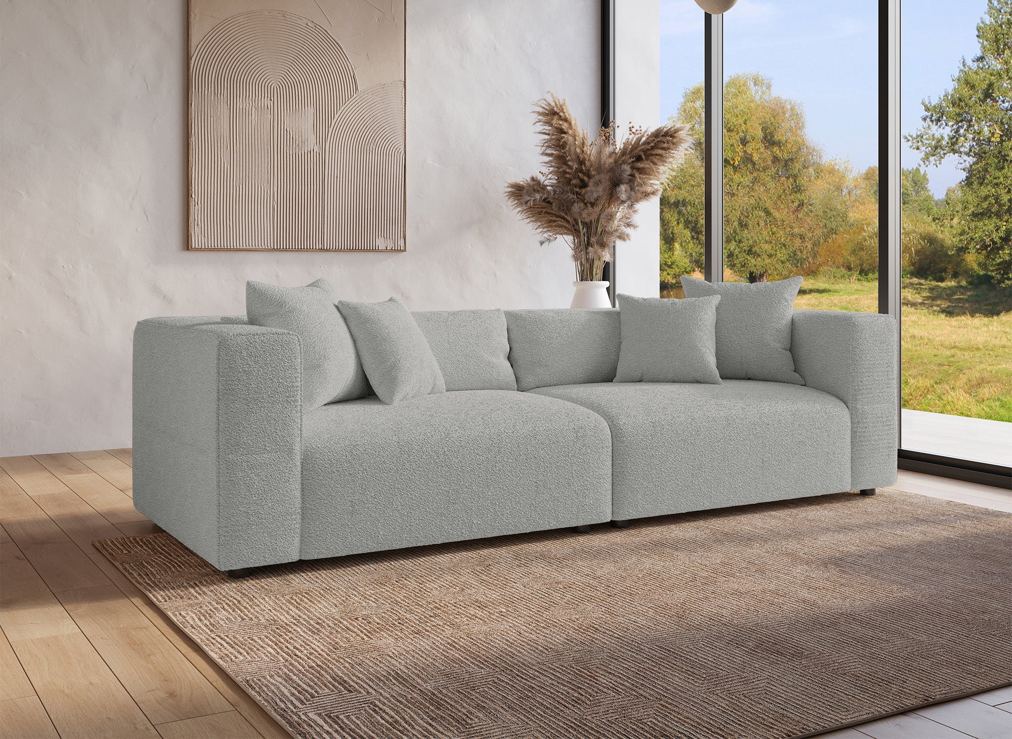 Sofá EVELYNE de 4 plazas en imitación piel de oveja gris