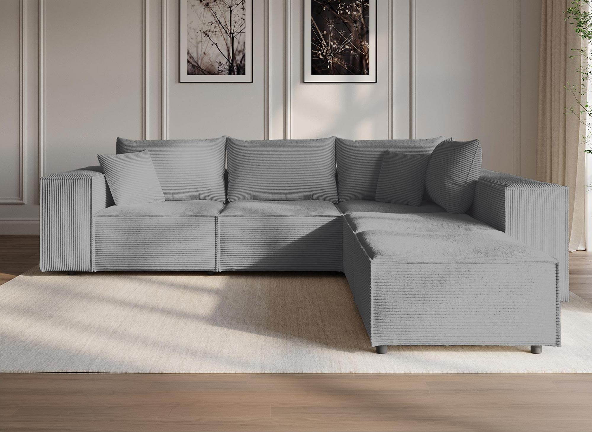 Sofá esquinero modular HARLEM XL con 1 otomana en pana gris gruesa