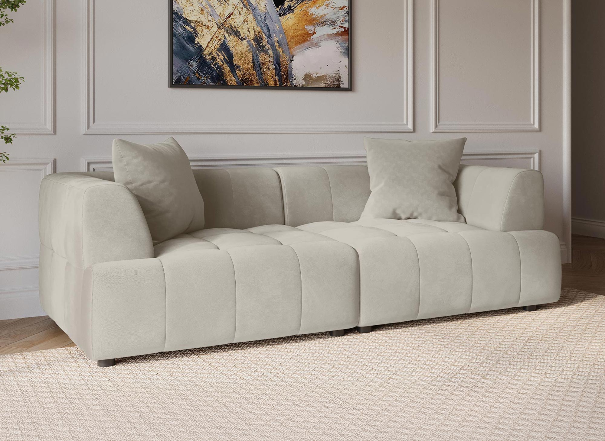 Sofá recto de 3 plazas KELIA en terciopelo beige