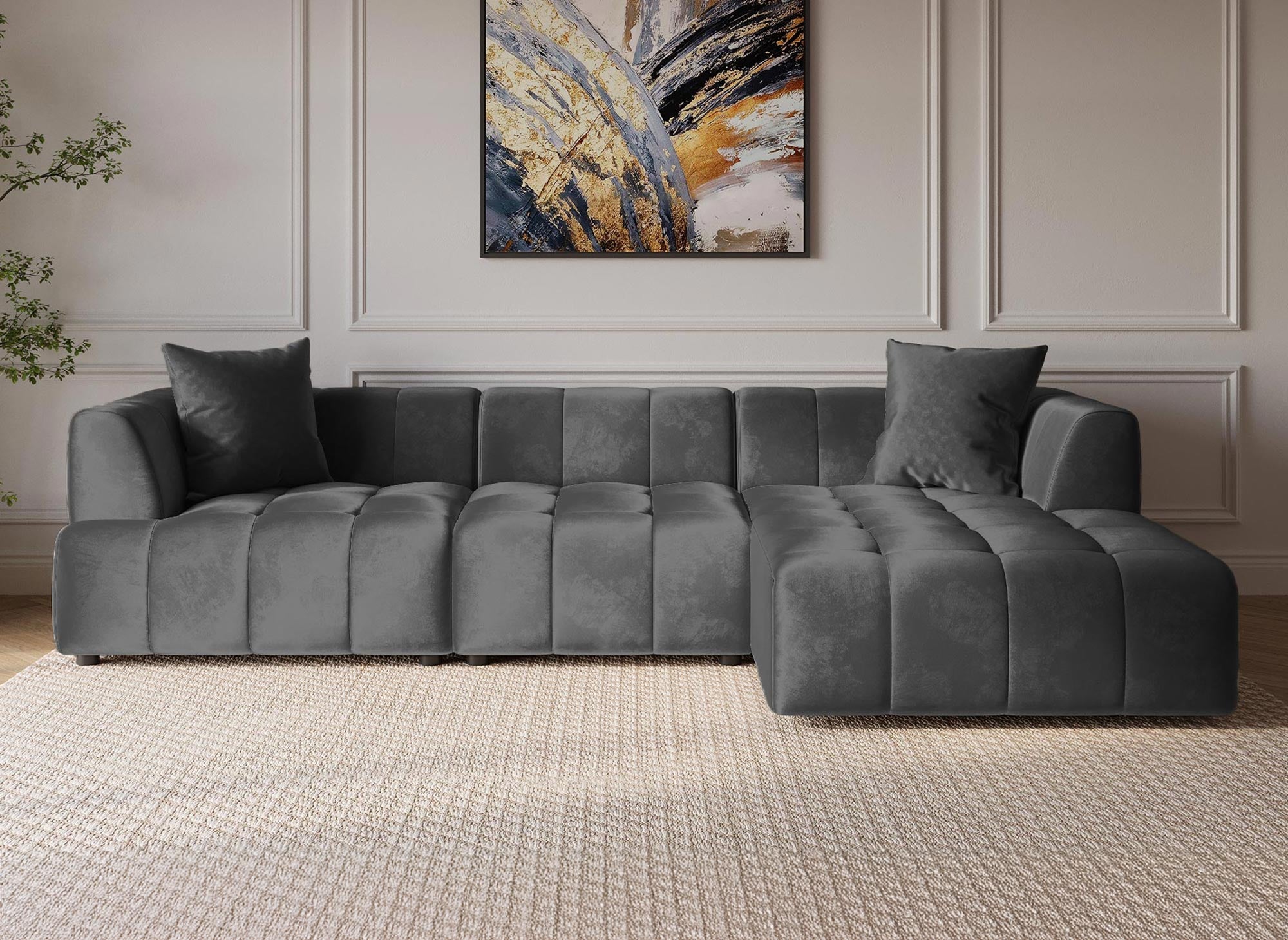 Sofá esquinero KELIA con chaise longue en terciopelo gris - Esquina derecha