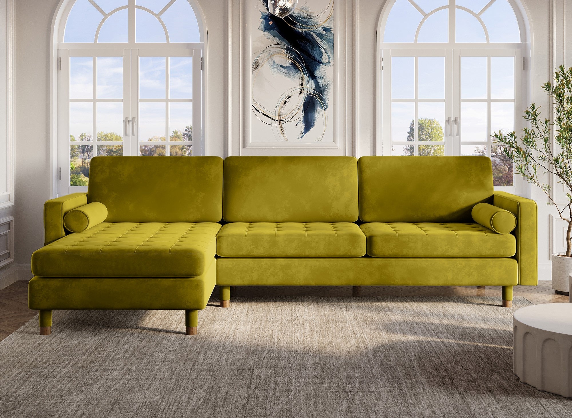 Sofá esquinero escandinavo SALAMBO en terciopelo verde dorado - Esquina izquierda