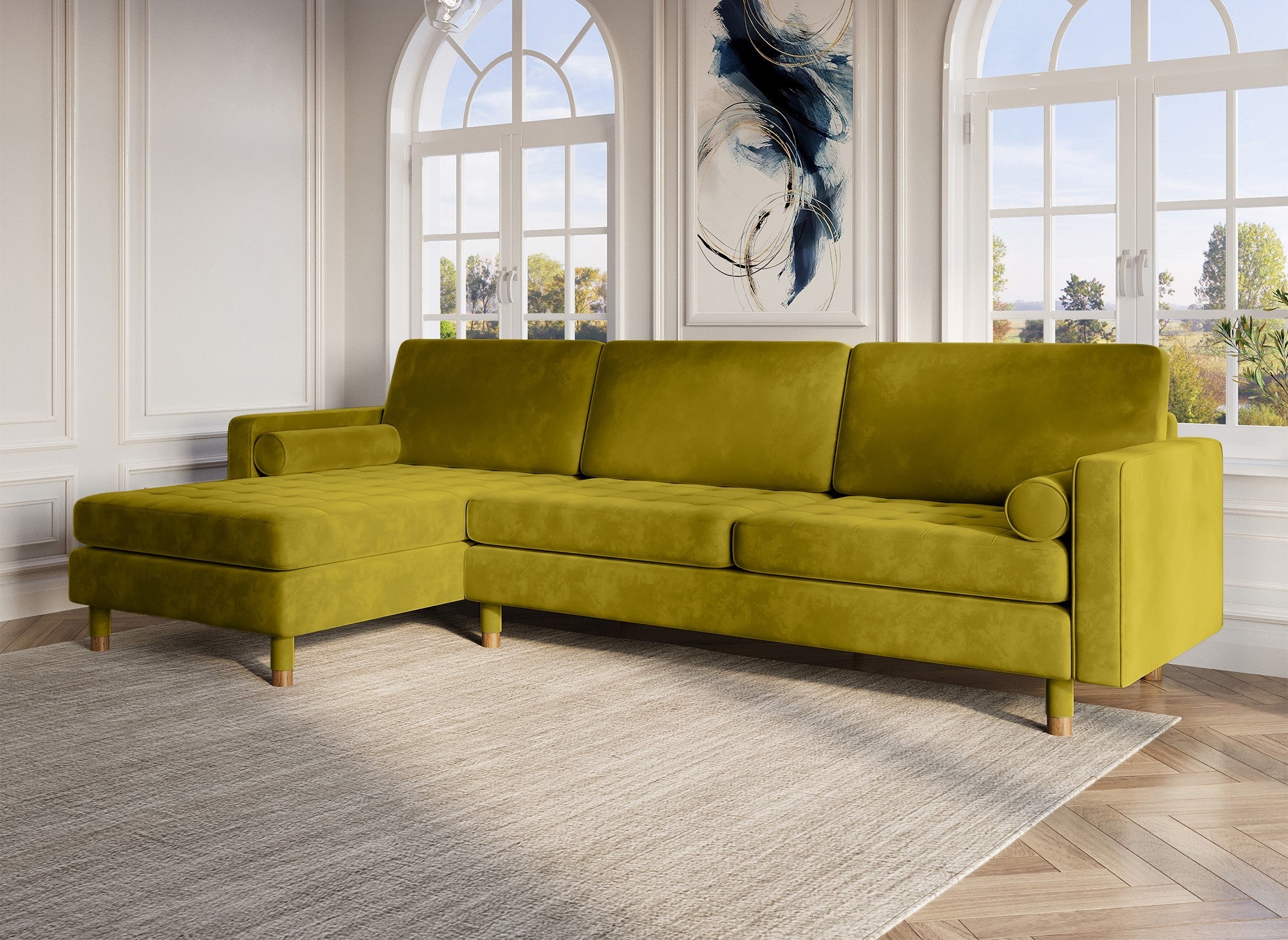 Sofá esquinero escandinavo SALAMBO en terciopelo verde dorado - Esquina izquierda