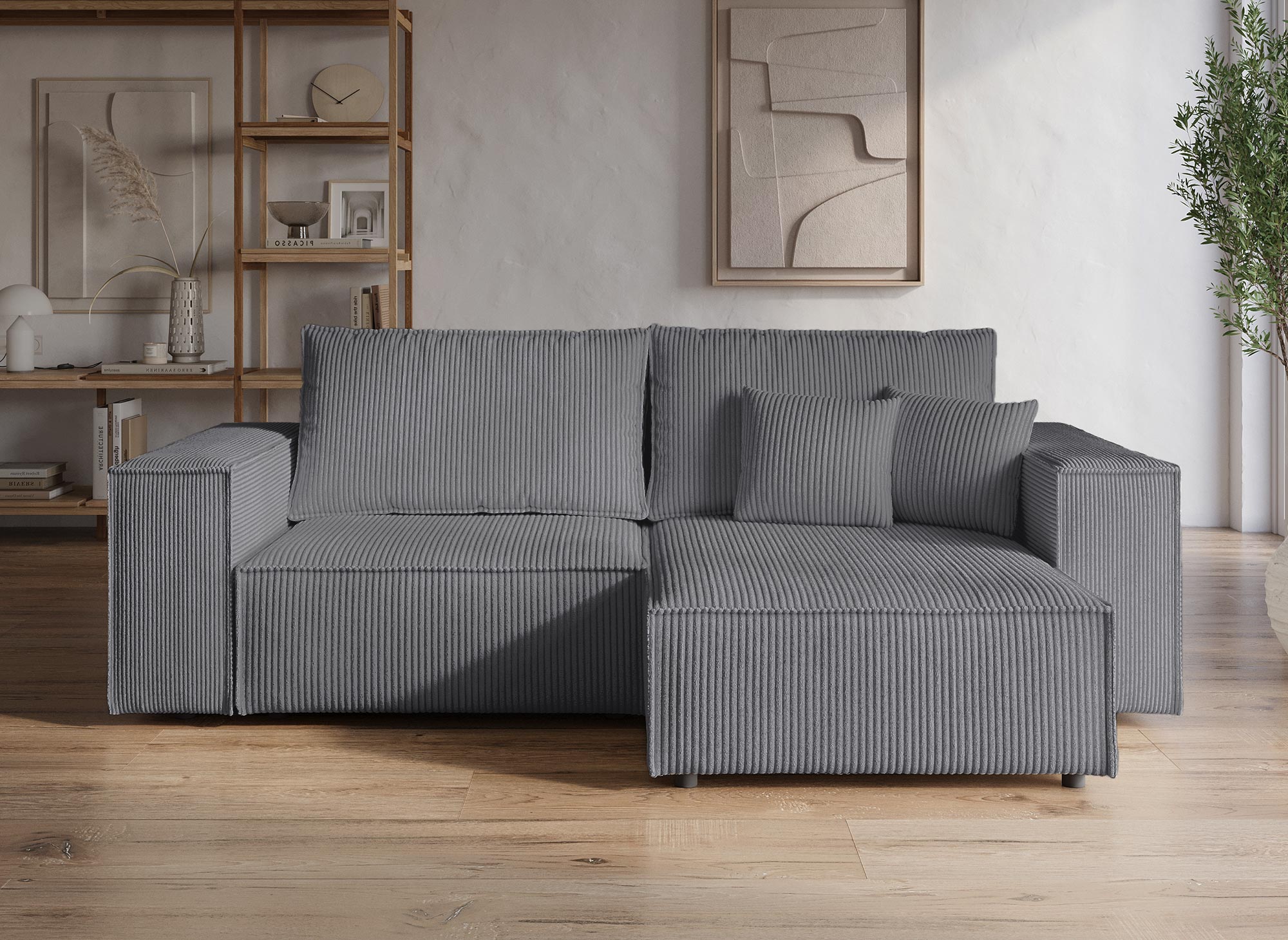 Sofá esquinero convertible y reversible con almacenaje en pana gris antracita JADE MINI