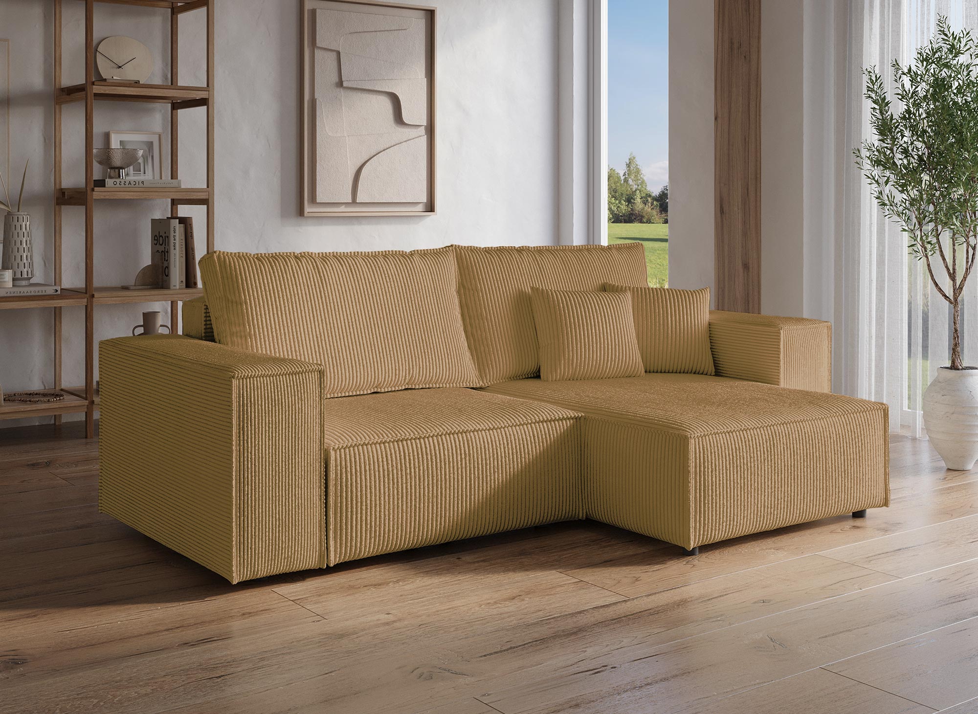 Sofá esquinero convertible y reversible con almacenaje en pana color mostaza JADE MINI