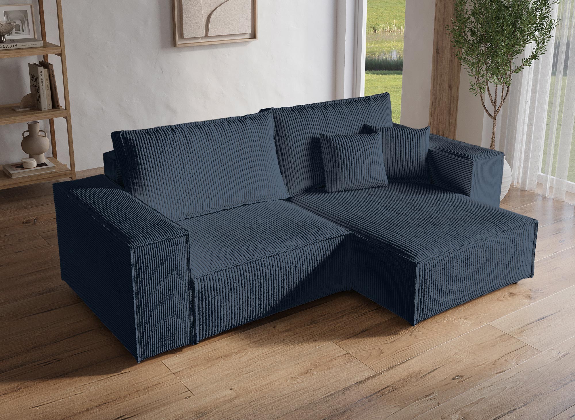 Sofá esquinero convertible y reversible con almacenaje en pana azul JADE MINI