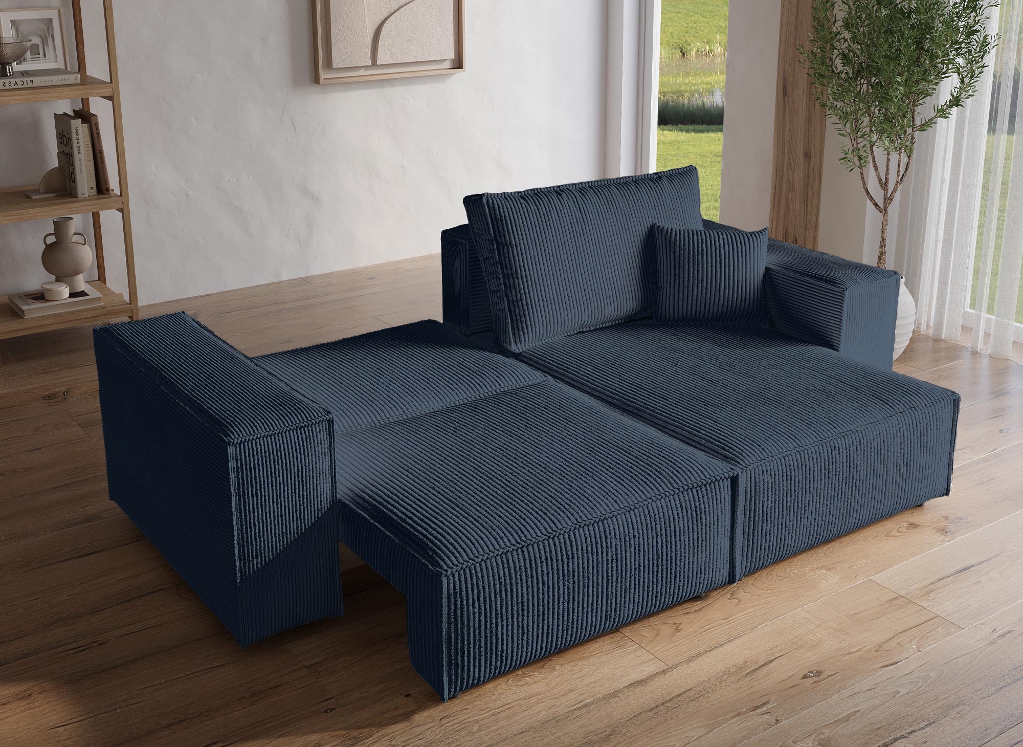 Sofá esquinero convertible y reversible con almacenaje en pana azul JADE MINI