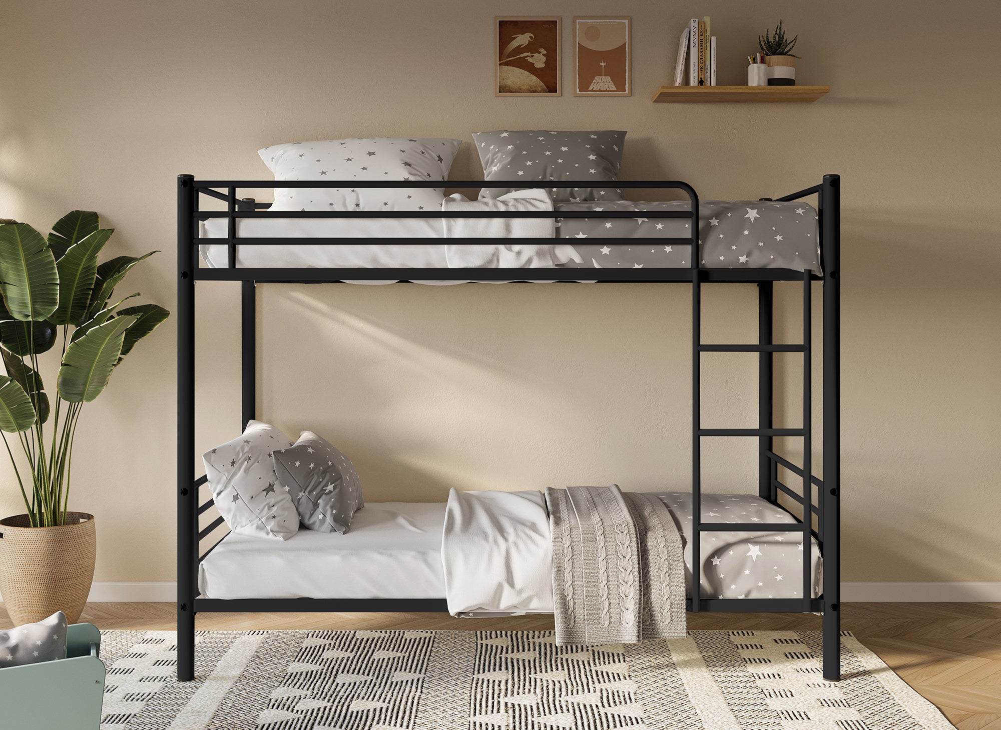 Litera de metal negro 90 x 190 cm para dos camas individuales + somier de láminas