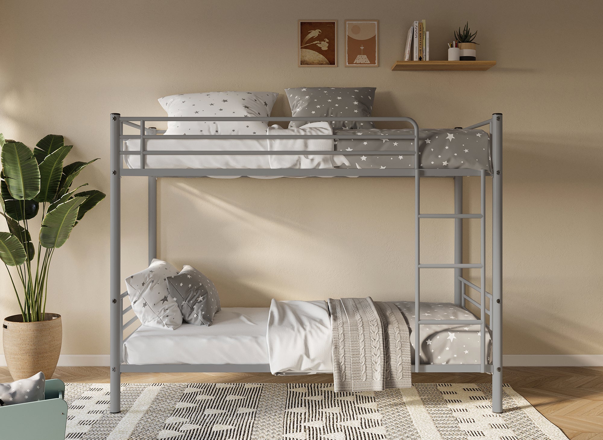 Litera doble de metal gris, 90 x 190 cm + somieres de láminas