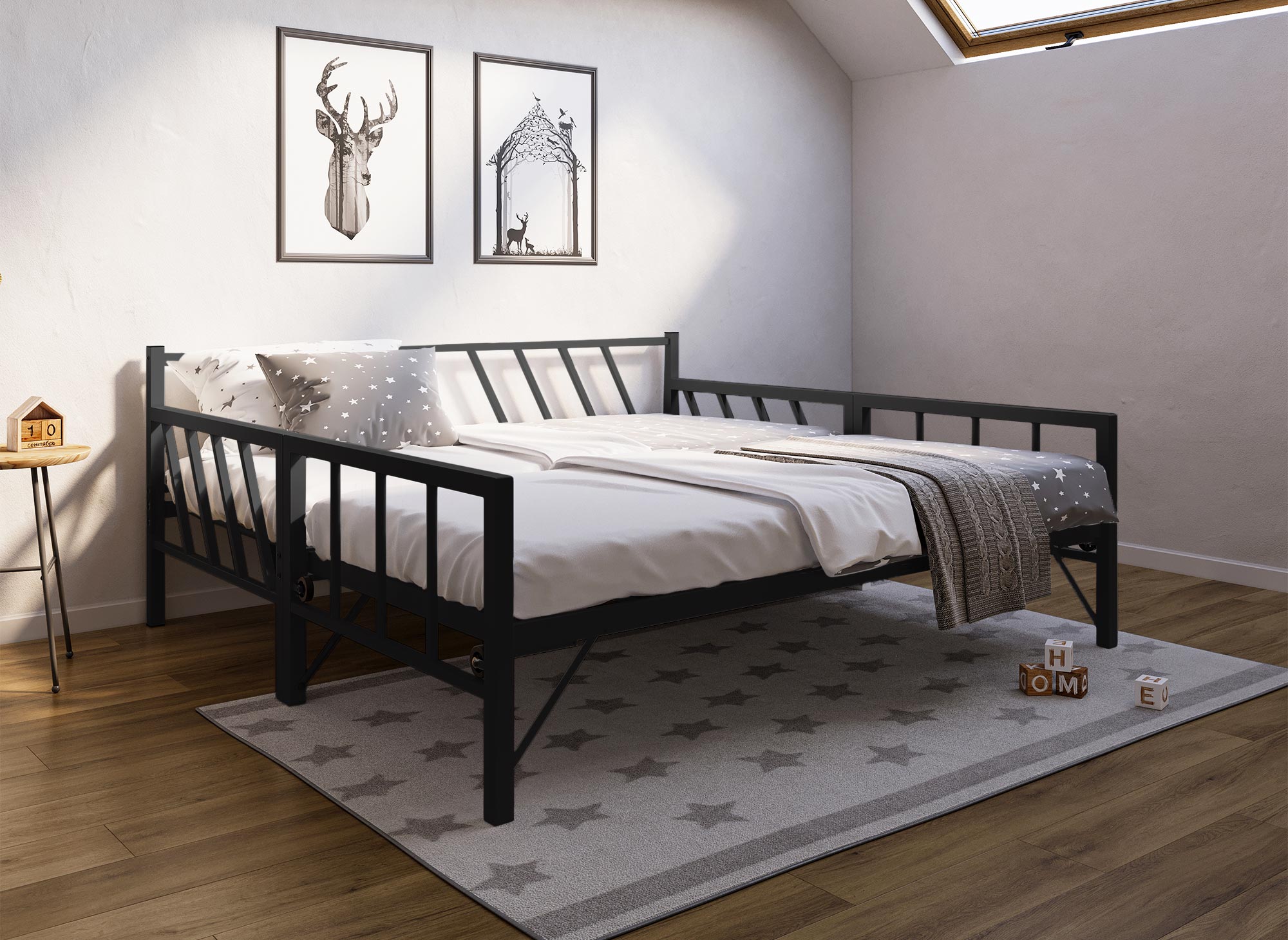 Sofá cama TORRY de metal negro con cama nido extraíble, 90 x 190 cm