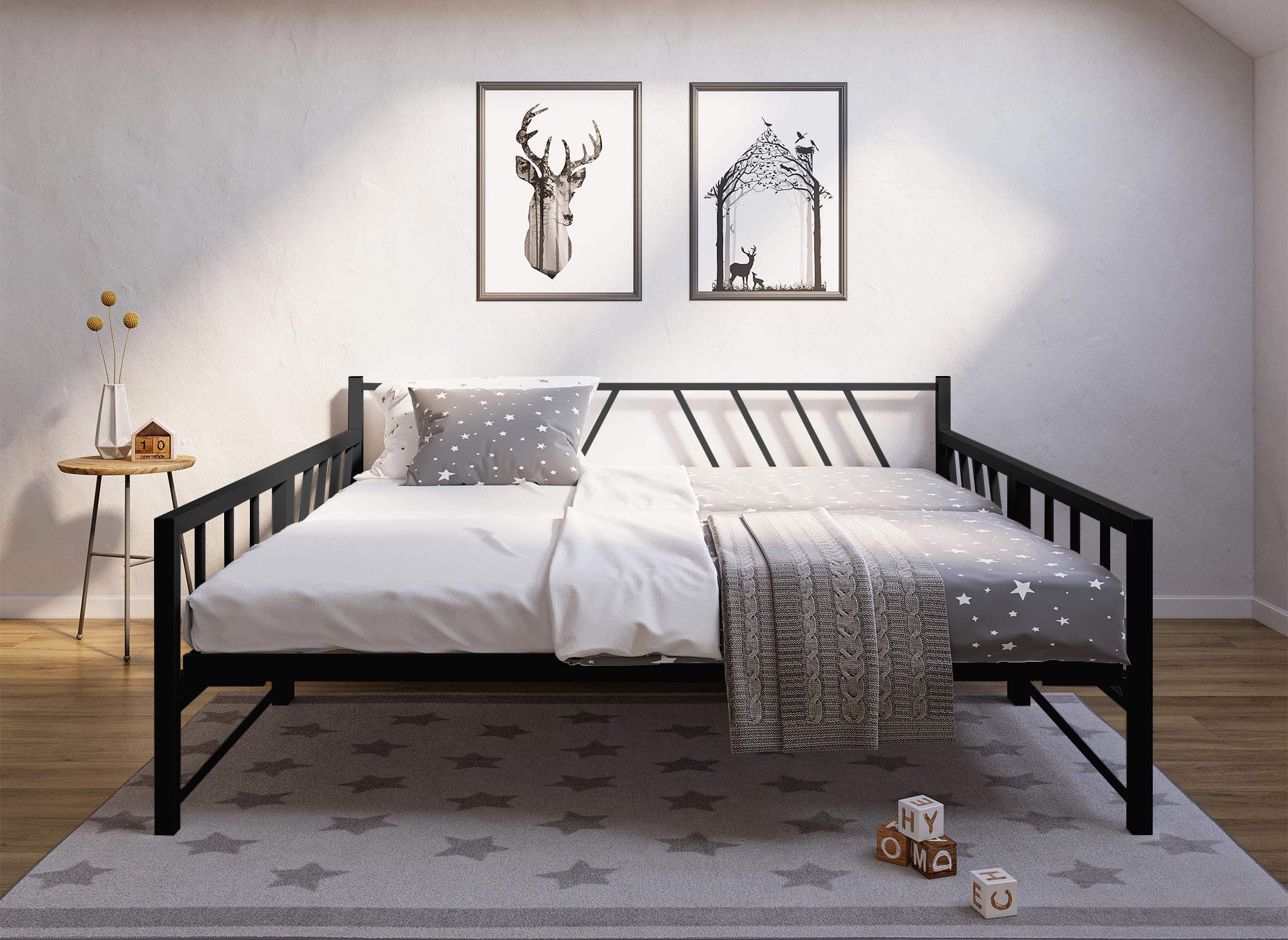 Sofá cama TORRY de metal negro con cama nido extraíble, 90 x 190 cm