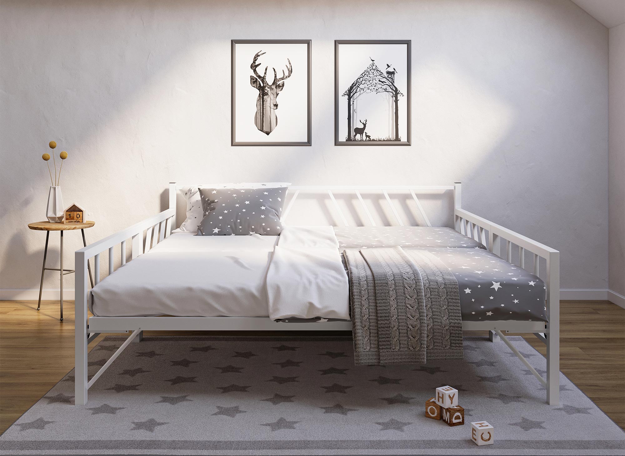 Sofá cama TORRY de metal blanco con cajón extraíble, 90 x 190 cm
