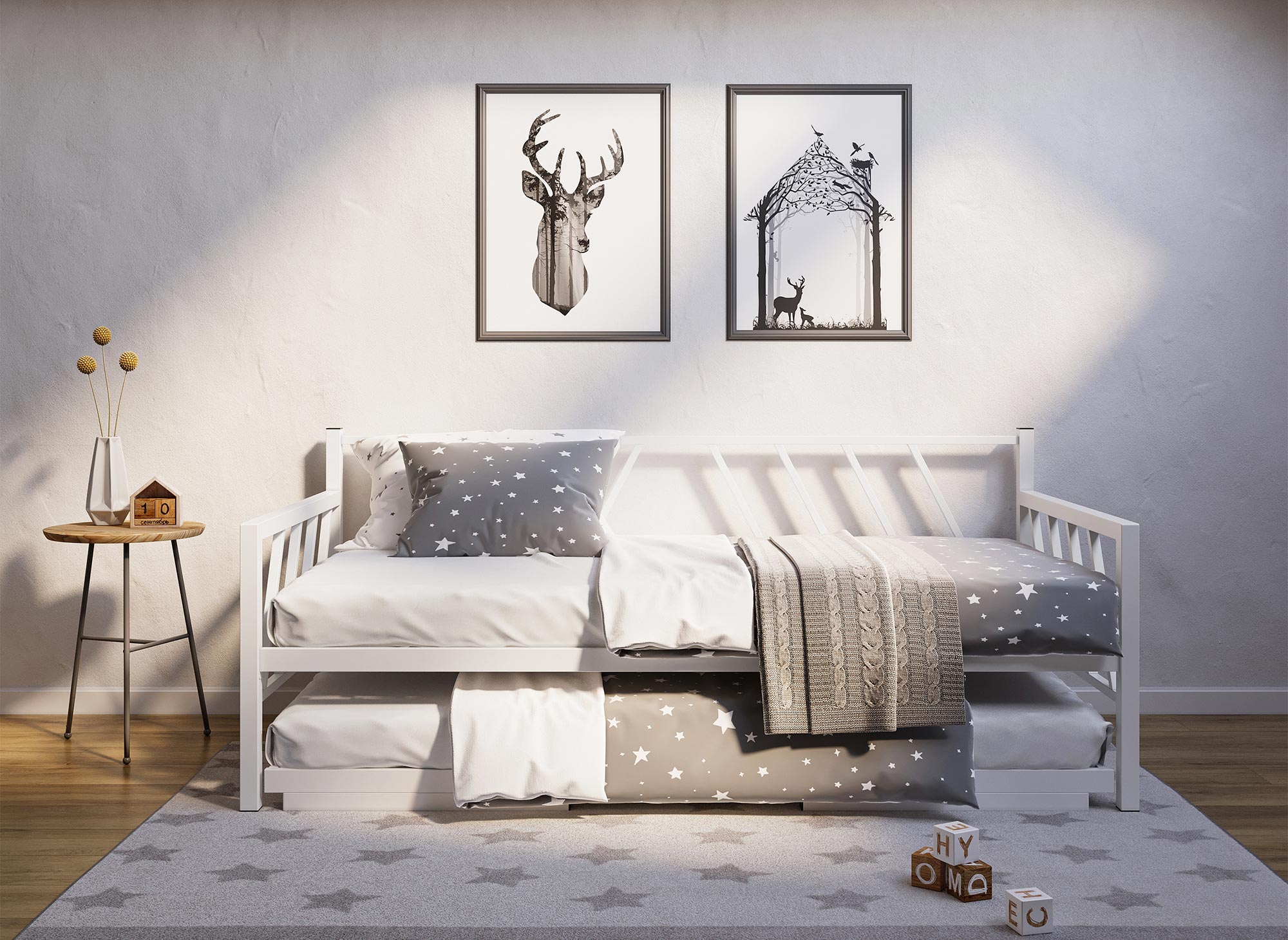 Sofá cama TORRY de metal blanco con cajón extraíble, 90 x 190 cm