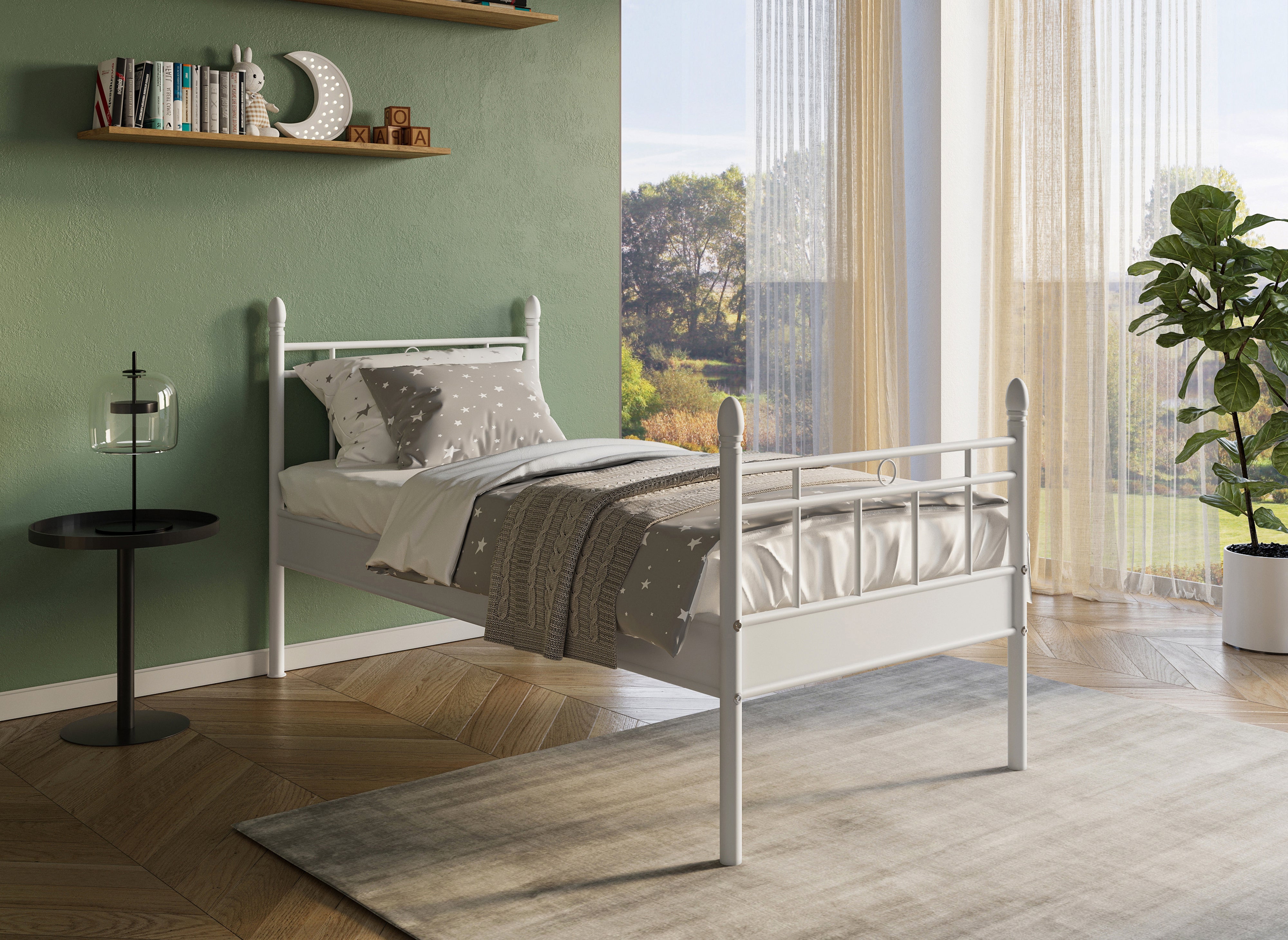 Cama individual KADY de metal blanco, 90 x 190 cm