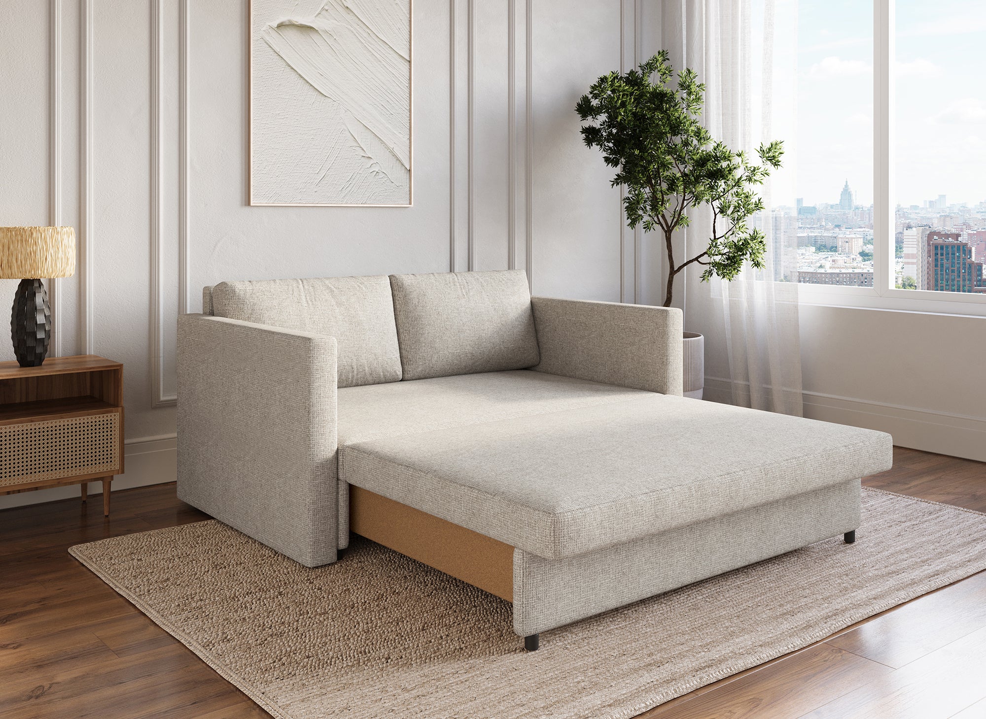 Sofá cama YERAS de 2 plazas con compartimento de almacenamiento en tela beige