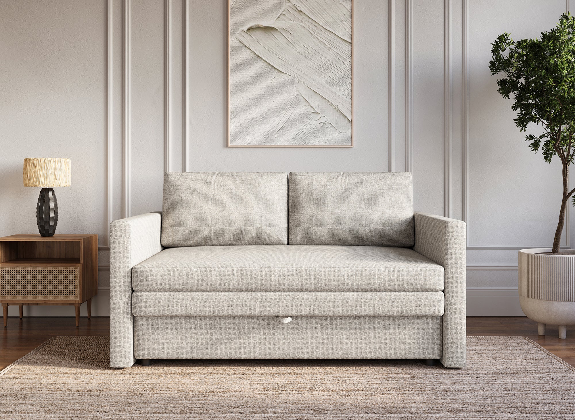 Sofá cama YERAS de 2 plazas con compartimento de almacenamiento en tela beige