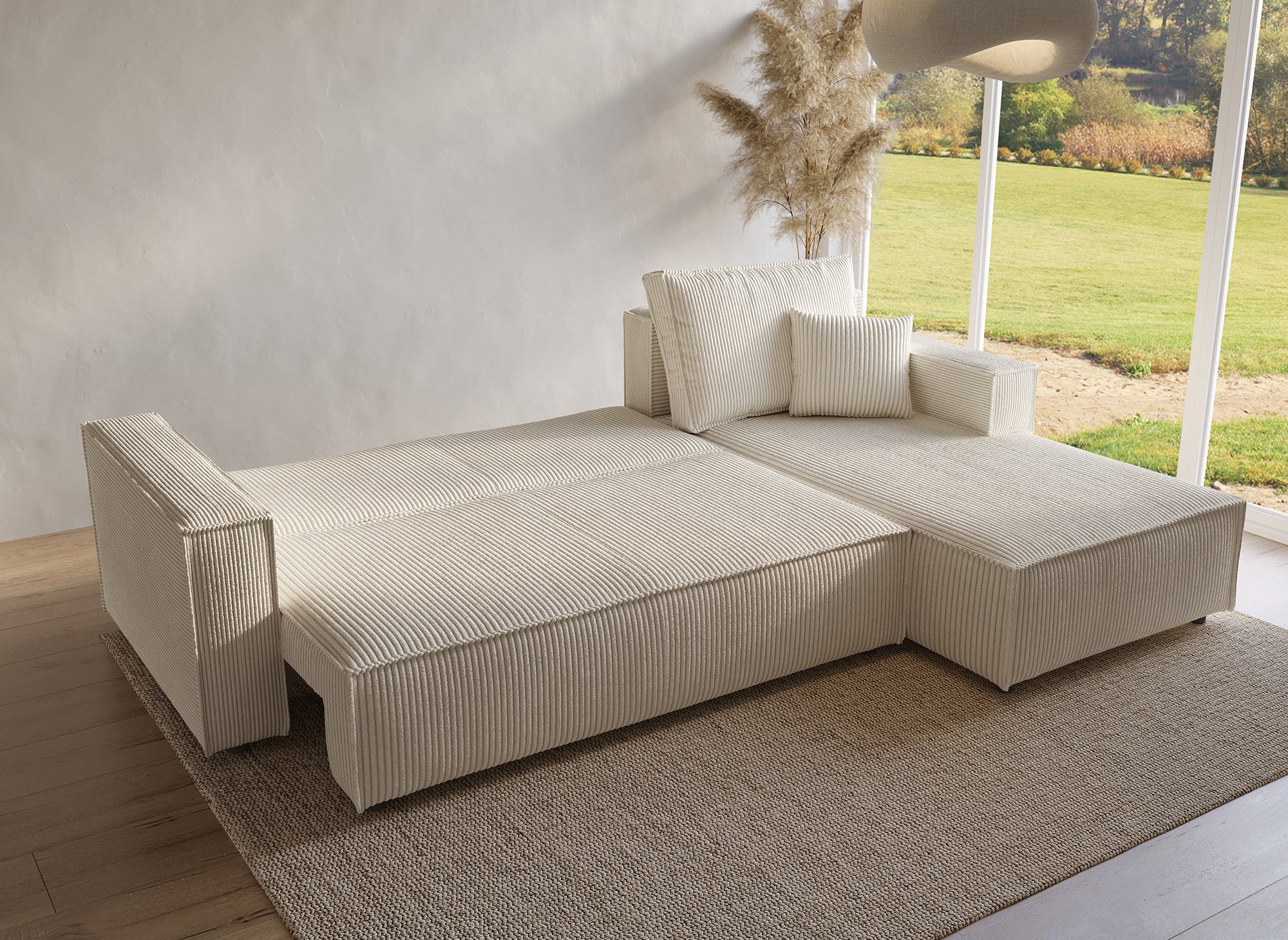 Sofá cama esquinero reversible SYNA con almacenaje en pana beige