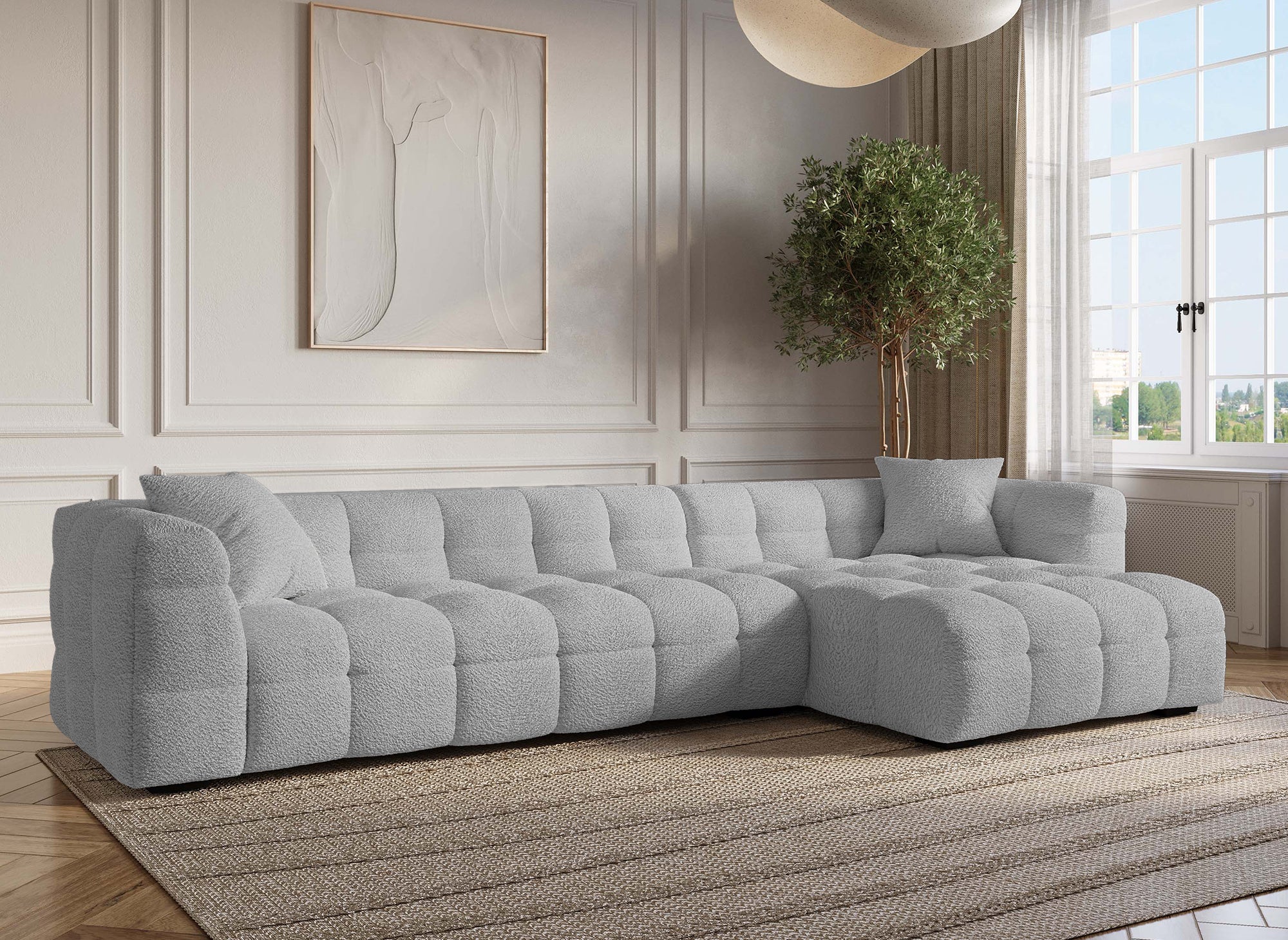 Sofá esquinero BELLA gris con efecto piel de oveja - Esquina derecha