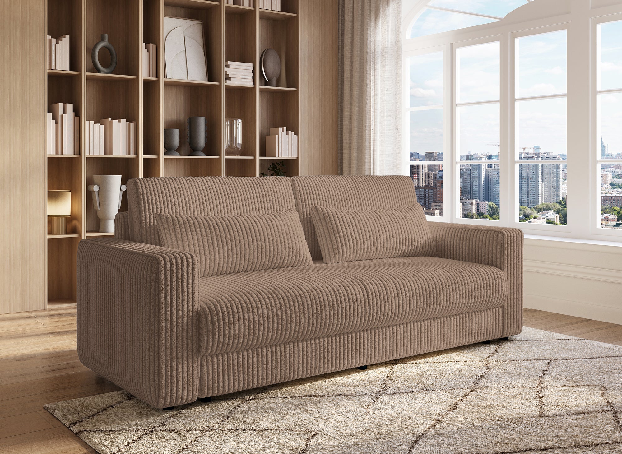 Sofá cama ZURIA de 3 plazas con almacenaje en pana gruesa color topo