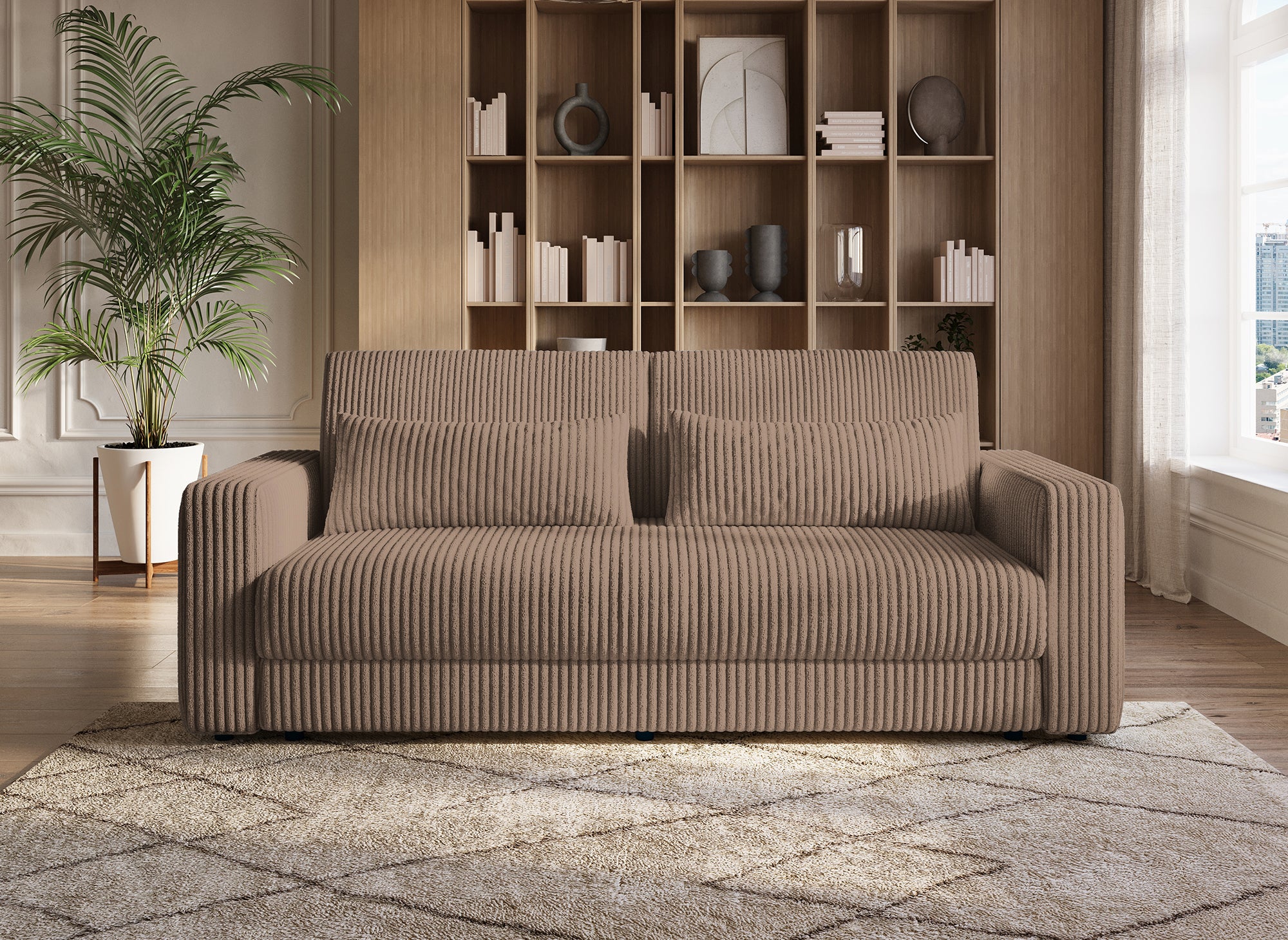 Sofá cama ZURIA de 3 plazas con almacenaje en pana gruesa color topo