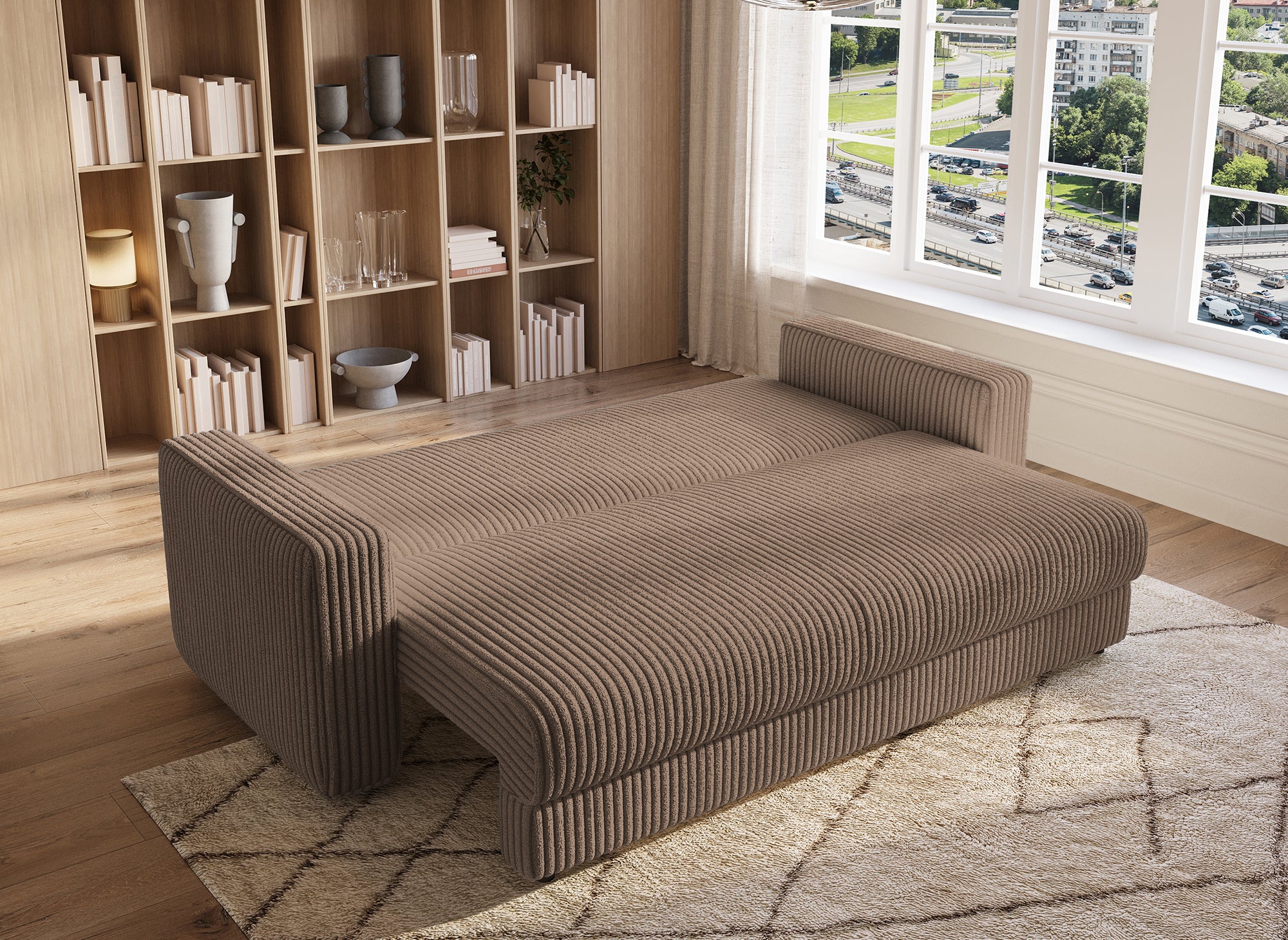 Sofá cama ZURIA de 3 plazas con almacenaje en pana gruesa color topo