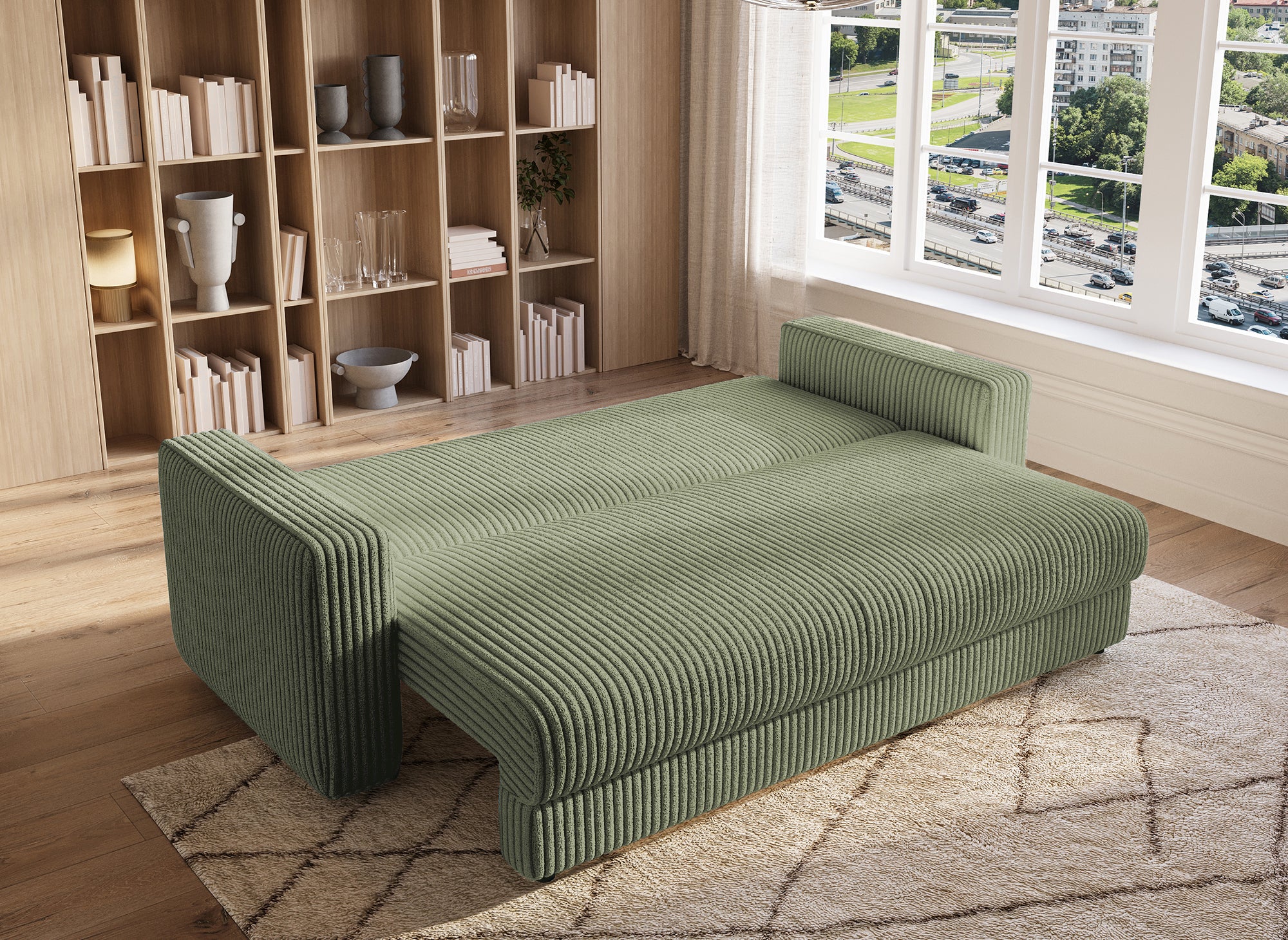 Sofá cama ZURIA de 3 plazas con almacenaje en pana gruesa verde caqui