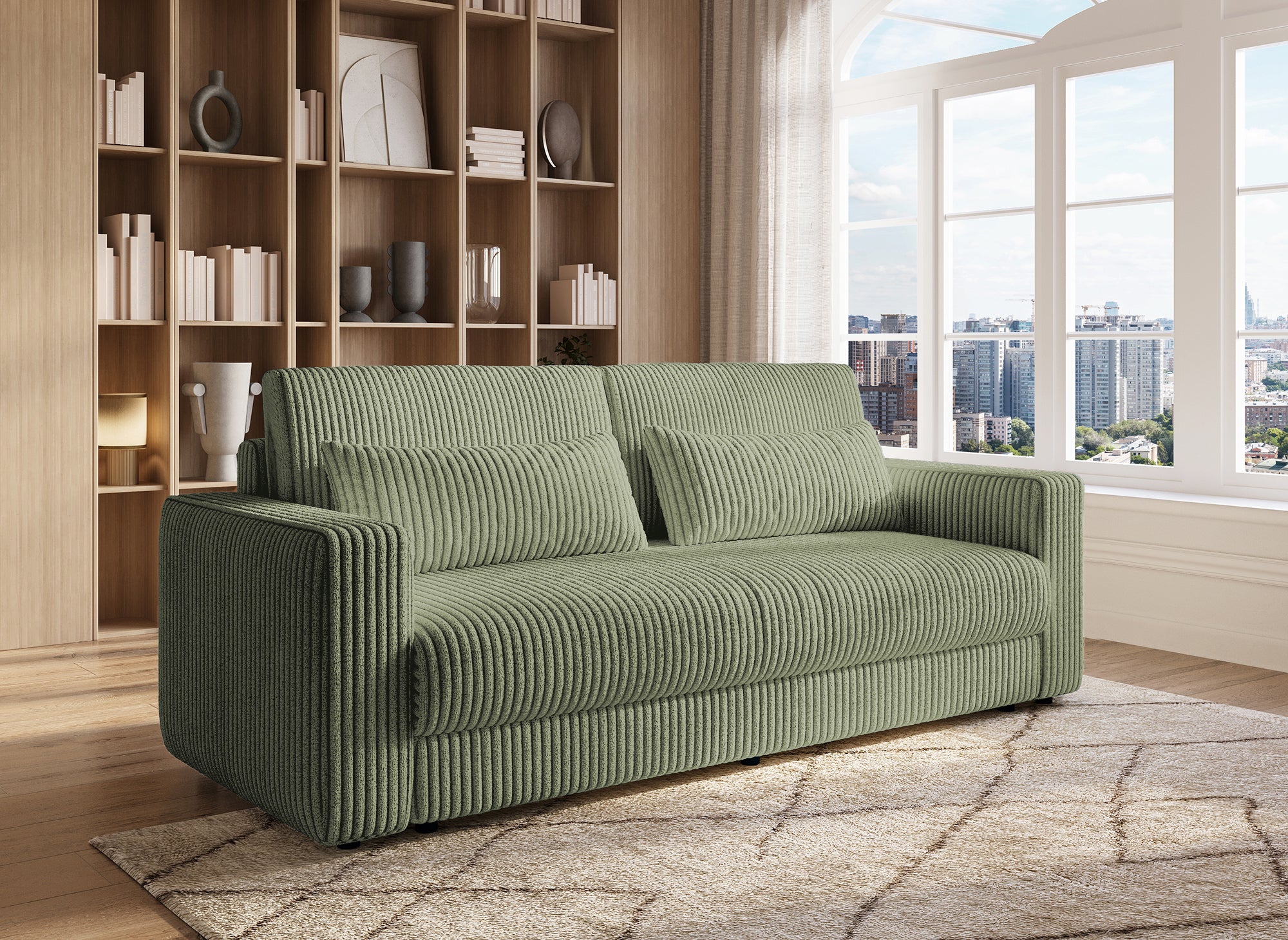 Sofá cama ZURIA de 3 plazas con almacenaje en pana gruesa verde caqui