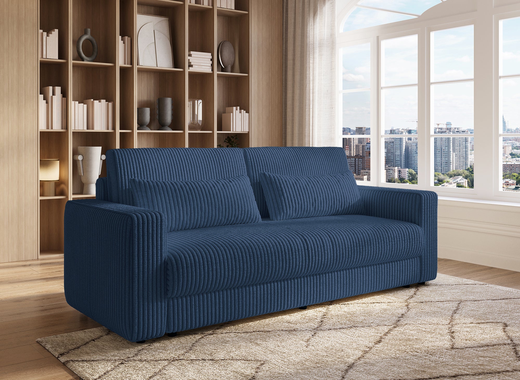 Sofá cama ZURIA de 3 plazas con almacenaje en pana azul gruesa