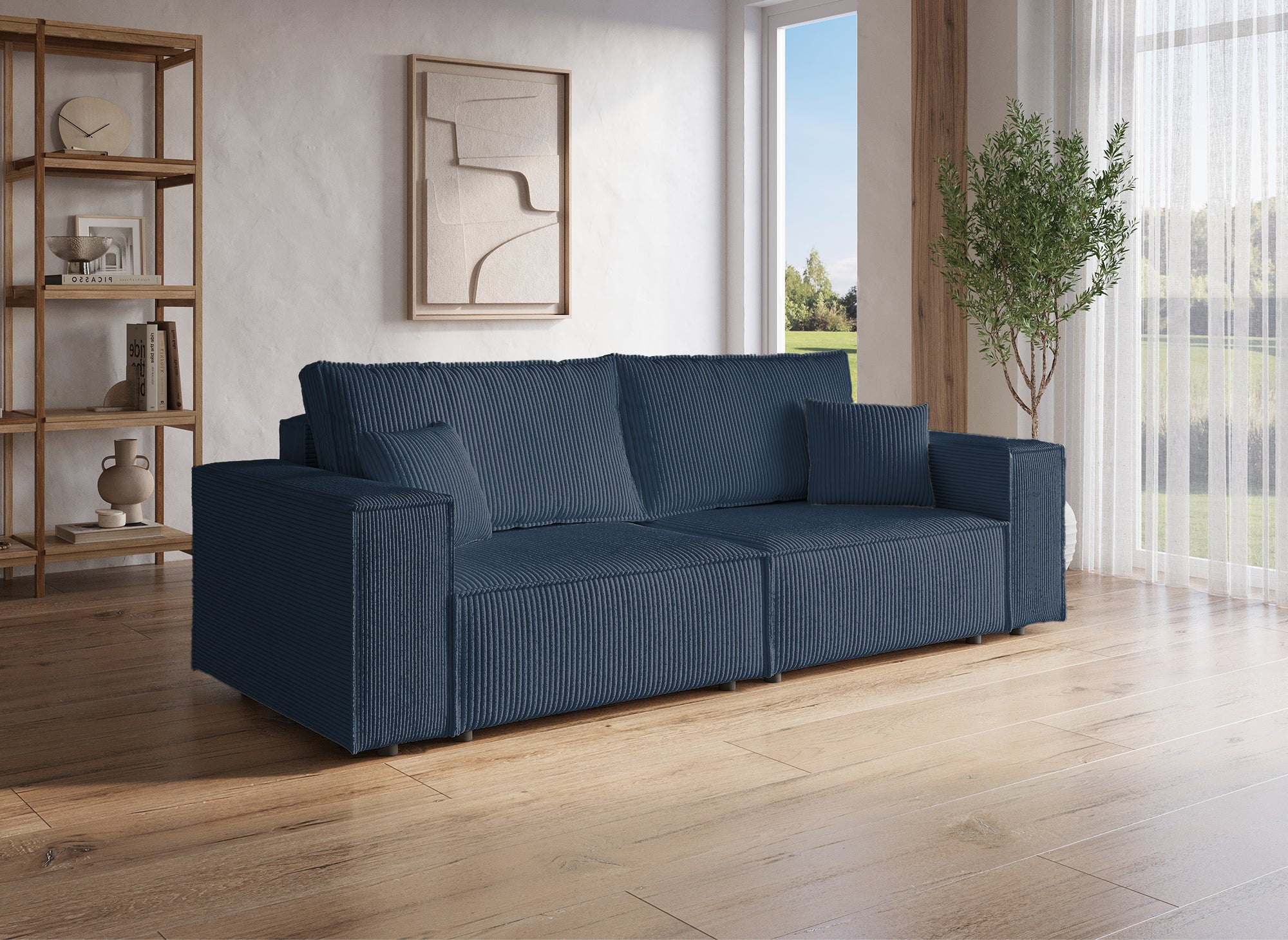 Sofá JADE de 3 plazas con almacenaje en terciopelo azul