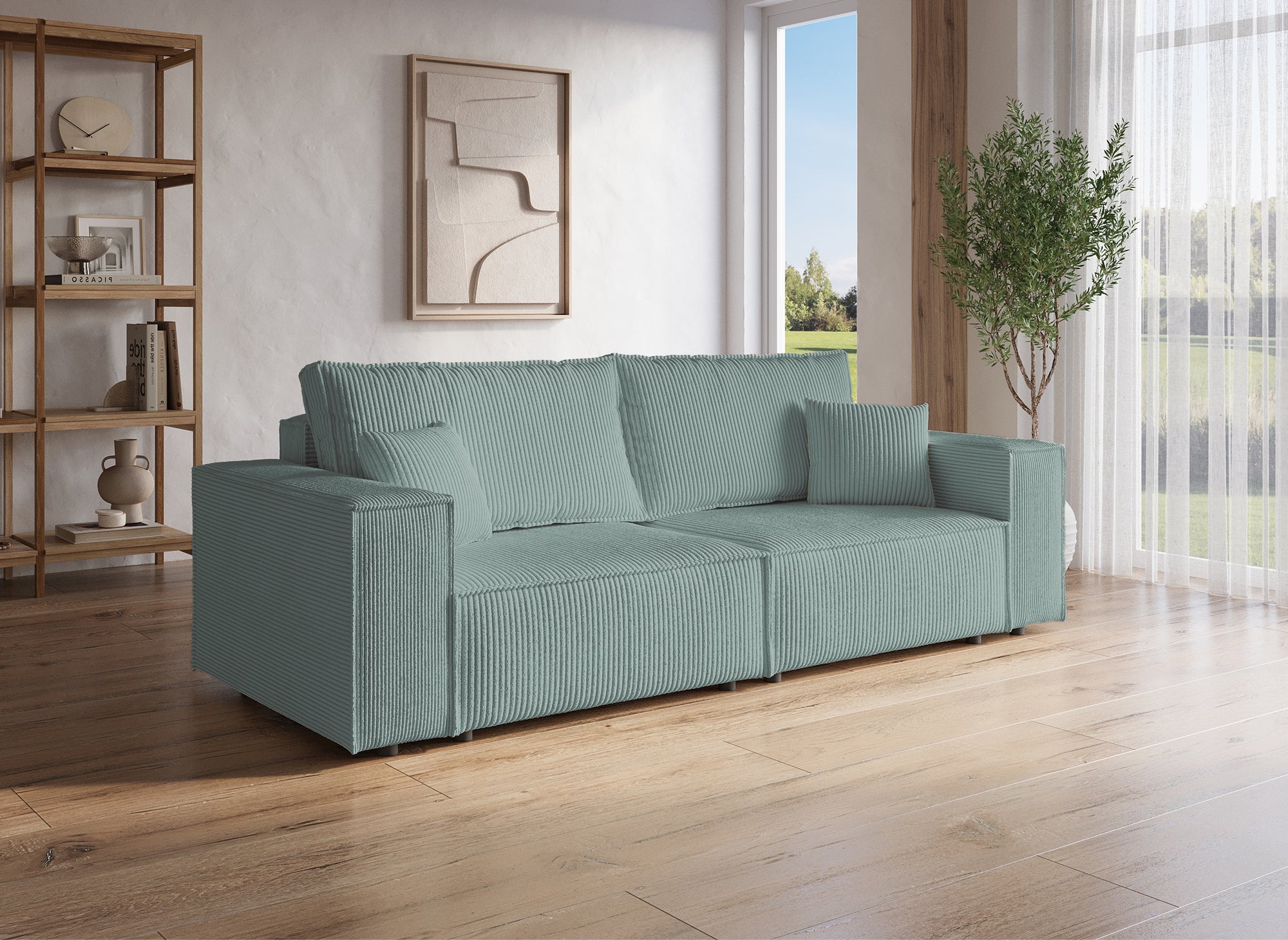 Sofá JADE de 3 plazas con almacenaje en terciopelo verde aguamarina