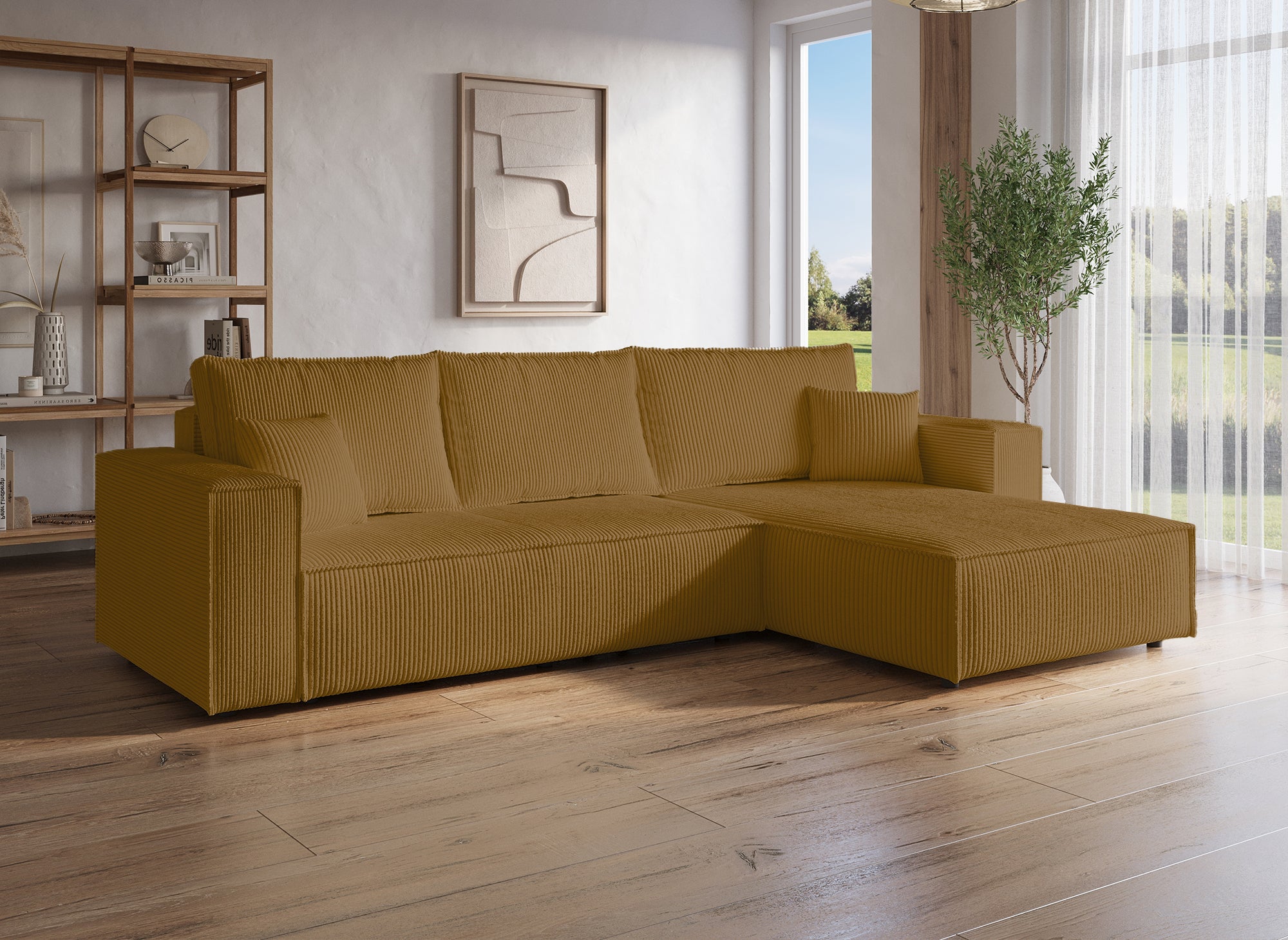 Sofá esquinero convertible y reversible con almacenaje en pana color mostaza - JADE