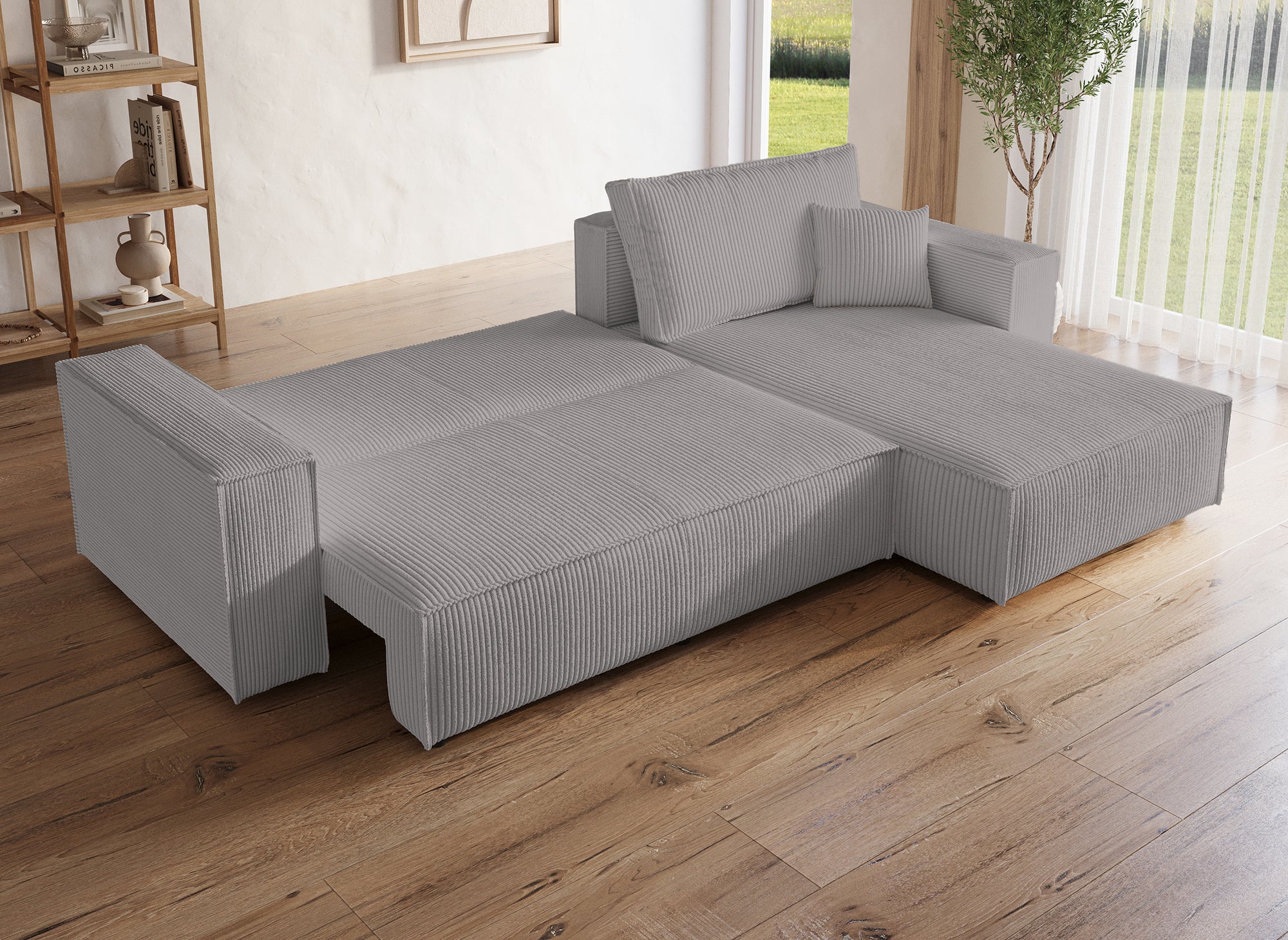 Sofá esquinero convertible y reversible con almacenaje en pana gris claro - JADE