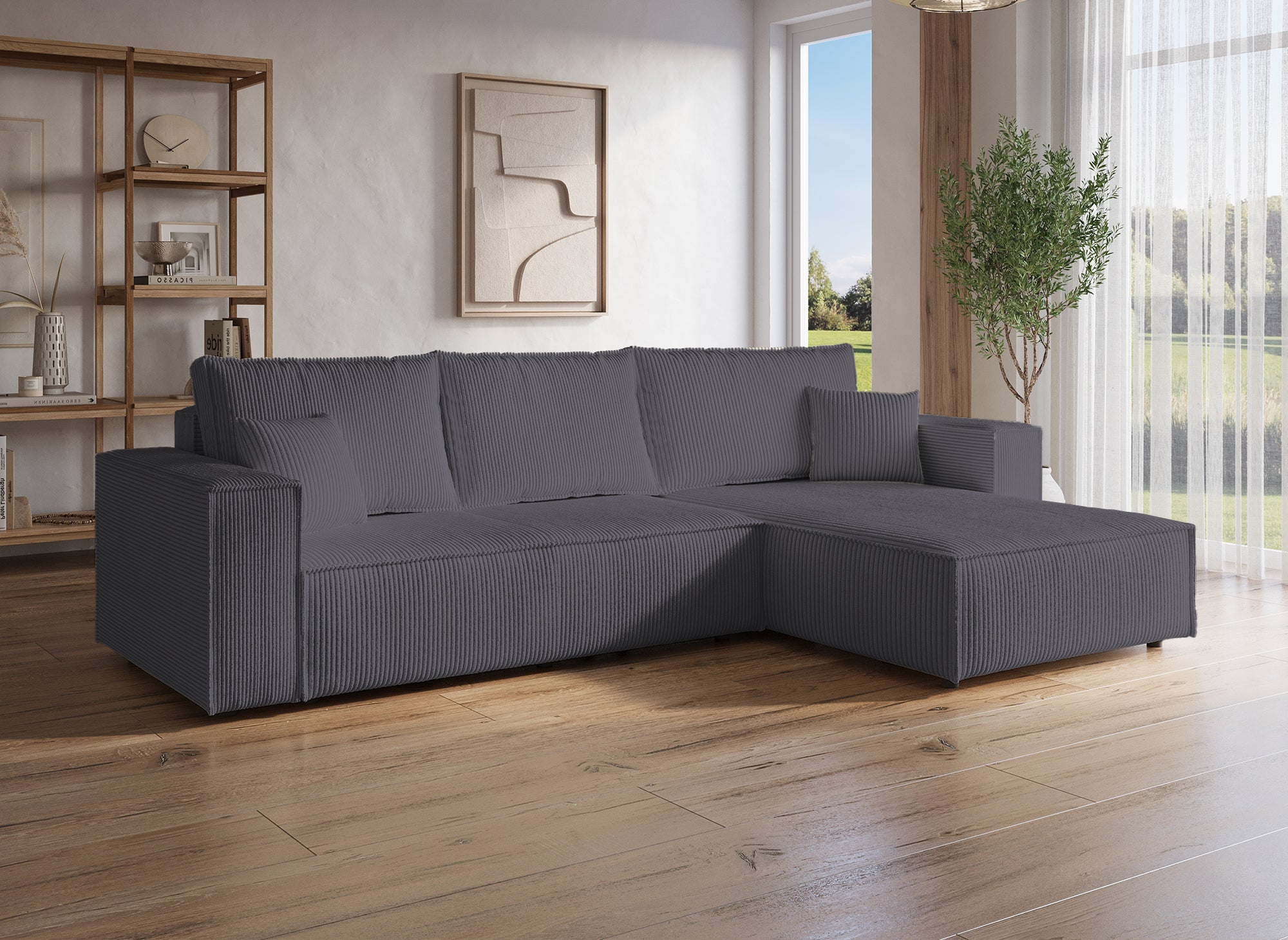 Sofá esquinero convertible y reversible con almacenaje en pana gris antracita - JADE
